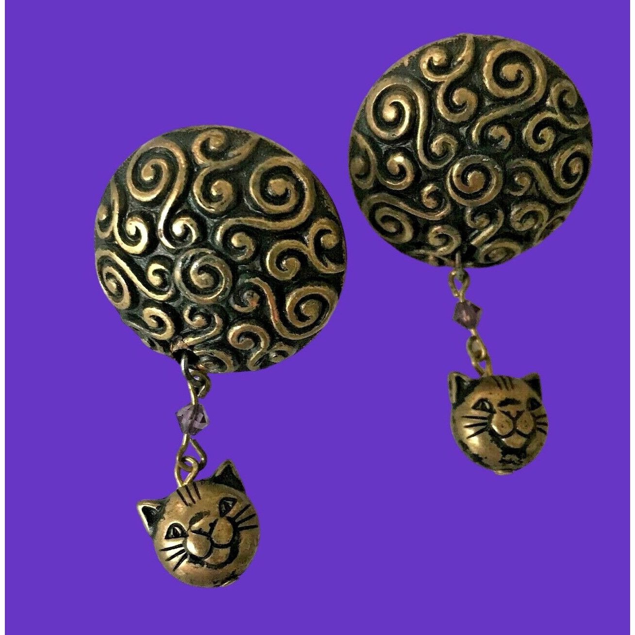 Handmade × Vintage Cat Earrings Handmade Vintage Purple Crystals Kitty Lover On Size ONE SIZE - 4 Thumbnail