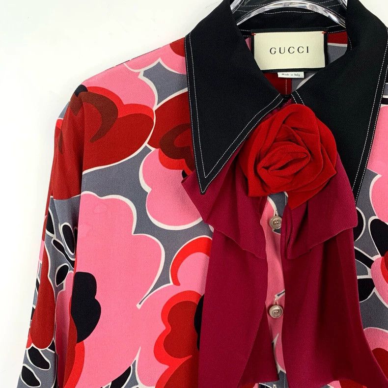 Gucci Gucci Size 36 Floral full-print lapel mulberry silk long-s Size US XXS / EU 40 - 3 Thumbnail