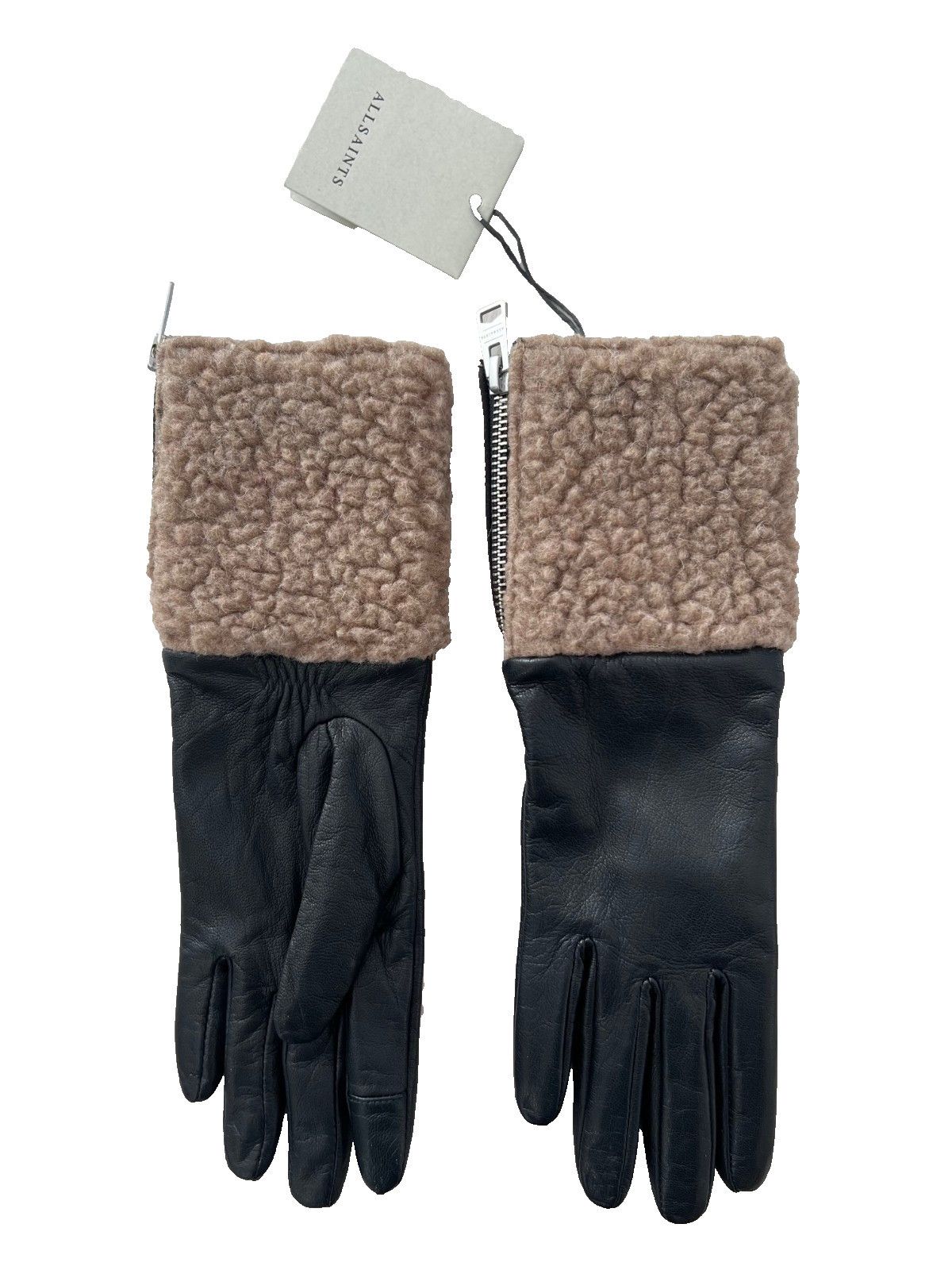 Allsaints ALLSAINTS Faux Shearling Leather Zip Gloves Black ( M ) Size ONE SIZE - 1 Thumbnail