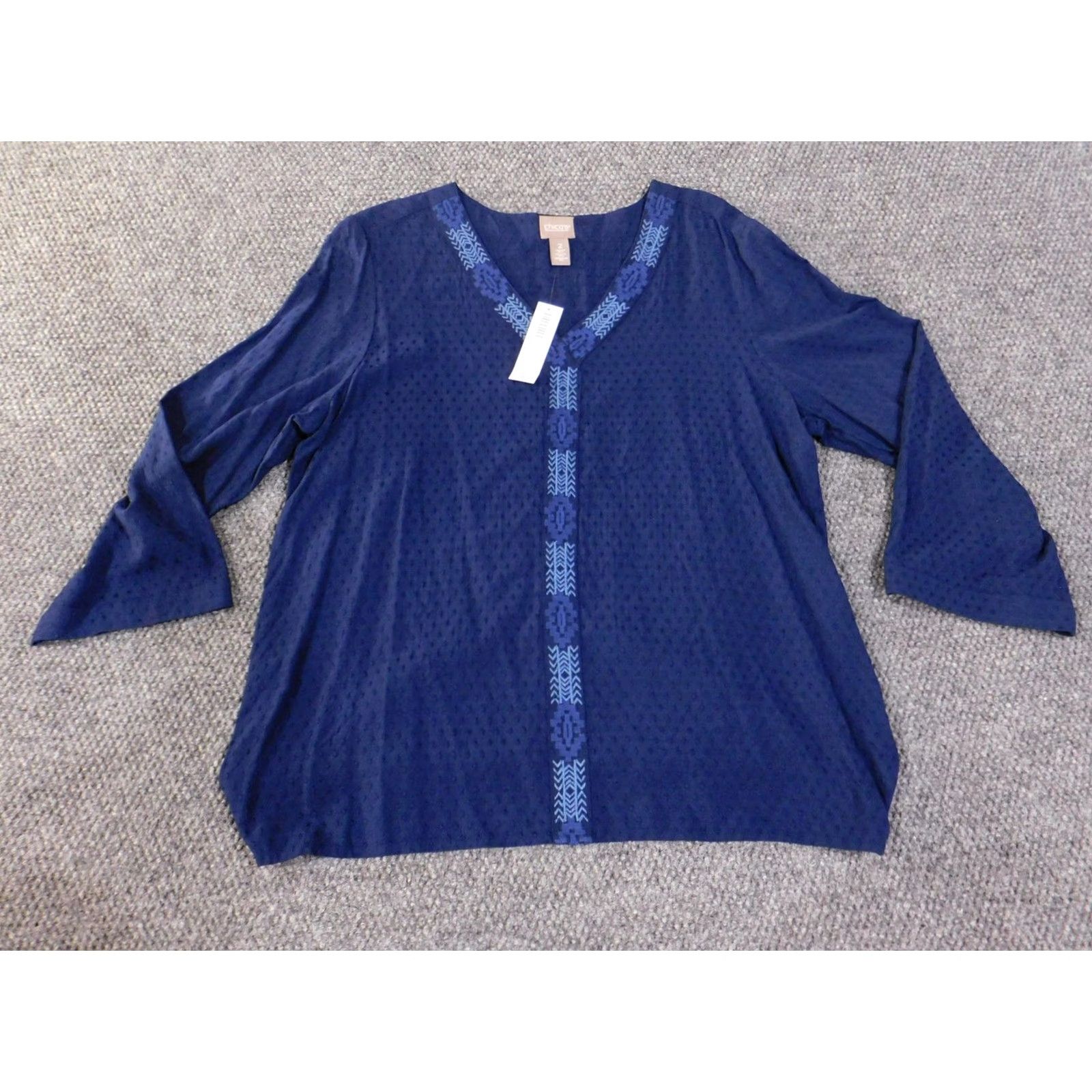 Vintage Chico's Shirt Womens 2 Midnight Blue Bell Sleeve Trimmed Popover 3/4 Sleeve Size XS / US 0-2 / IT 36-38 - 2 Thumbnail