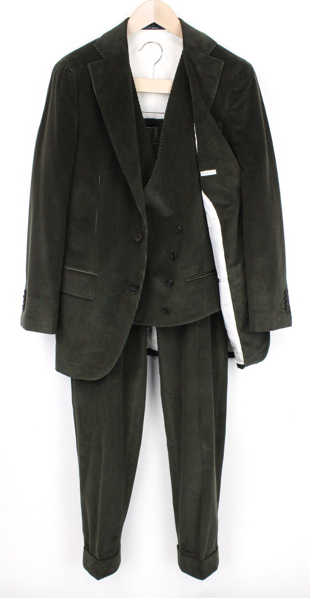 image of Suitsupply La Spalla Uk36R Lined Corduroy Green Cotton 3 Piece 70741, Men's