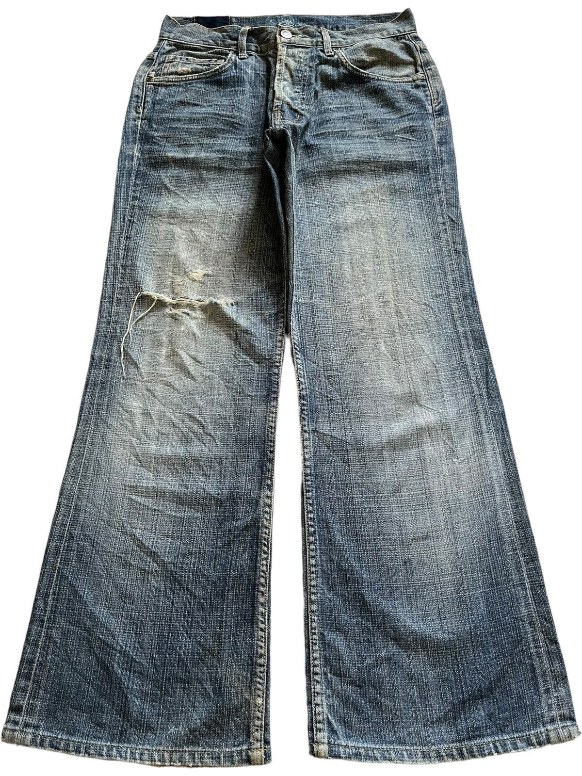 Japanese Brand Vintage USA Sacred Blue Bootcut Faded Wash Distressed Jeans Size US 29 - 1 Thumbnail