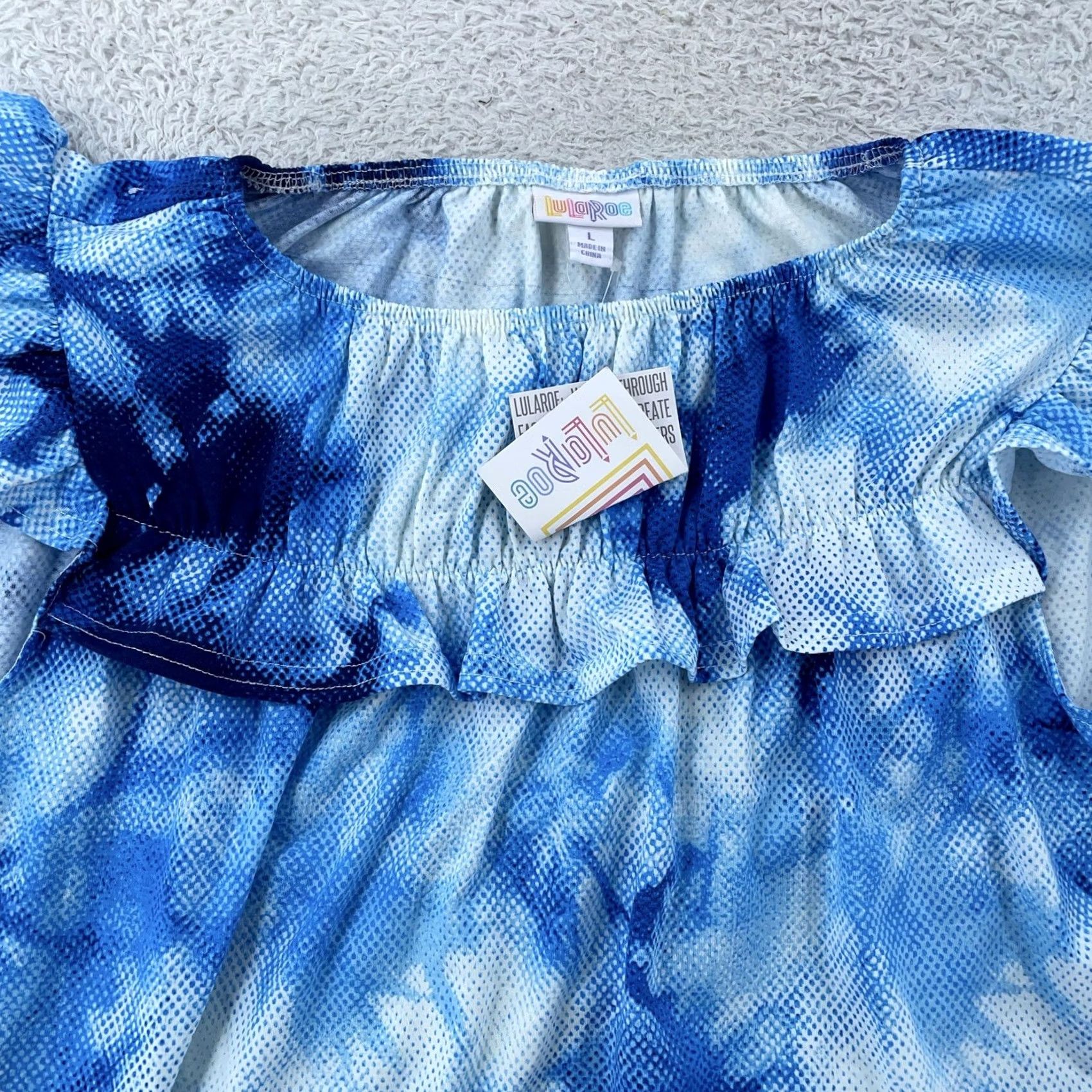 Vintage LuLaRoe Stasha Ruffle Shirt Womens Large Blue Tie Dye Flutter Sleeve Boho Blouse Size L / US 10 / IT 46 - 2 Thumbnail