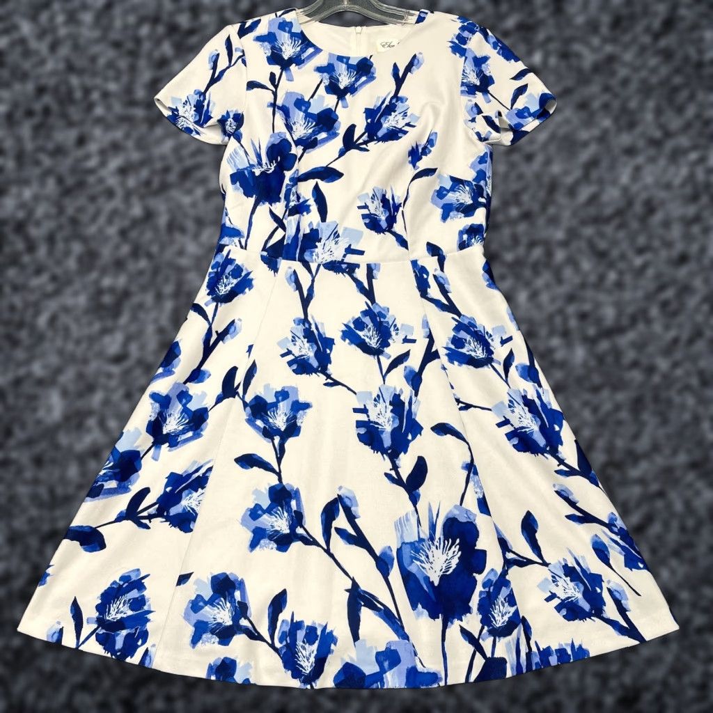 Vintage VINTAGE Eliza J Fit & Flare Soft Dress Womens 6 White Blue Floral Lined Party Wear Size M / US 6-8 / IT 42-44 - 1 Thumbnail