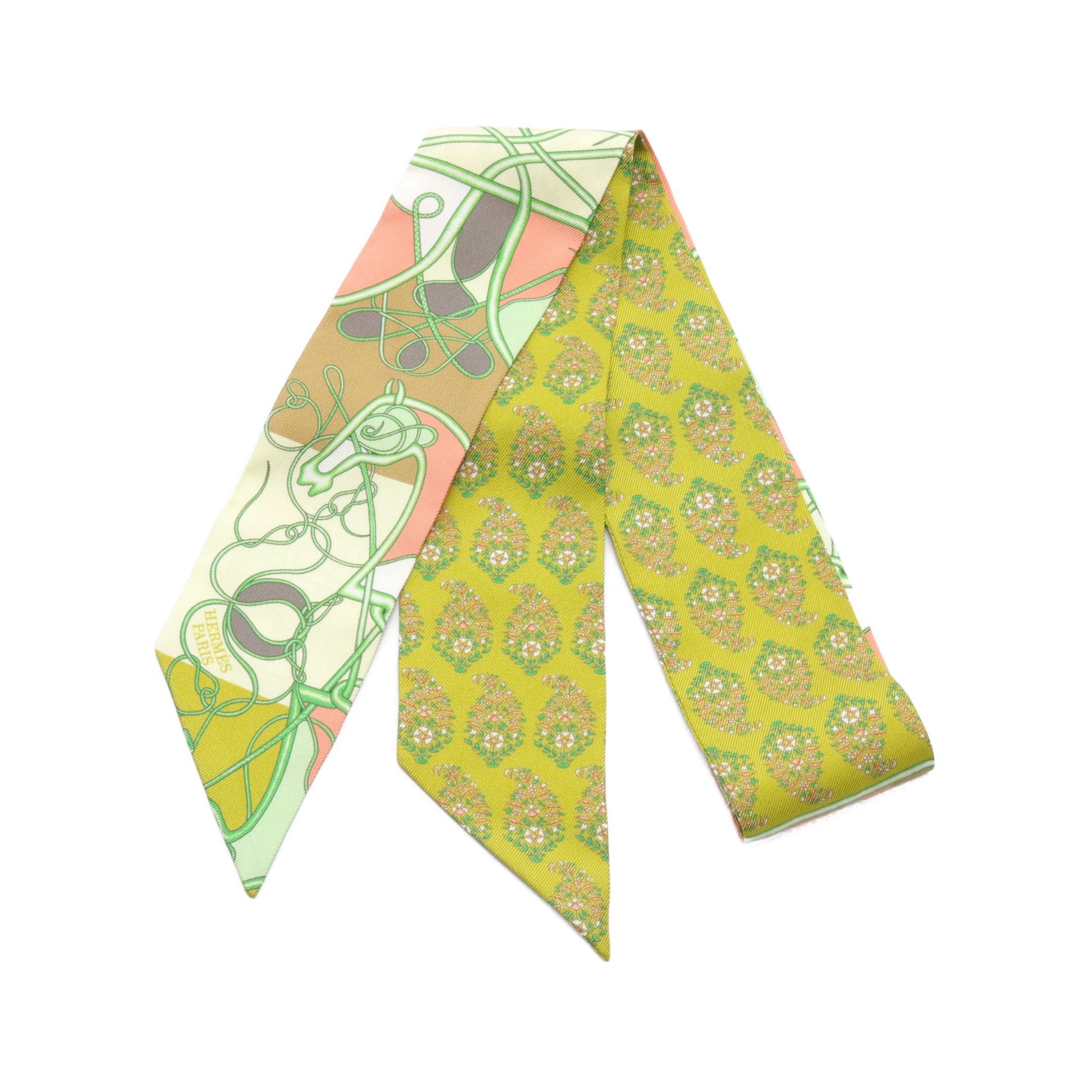 Hermes Hermes Twilly Coup De Fouet Au Bloc Ribbon Scarf Silk Yellow-Green Multicolor Size ONE SIZE - 1 Thumbnail