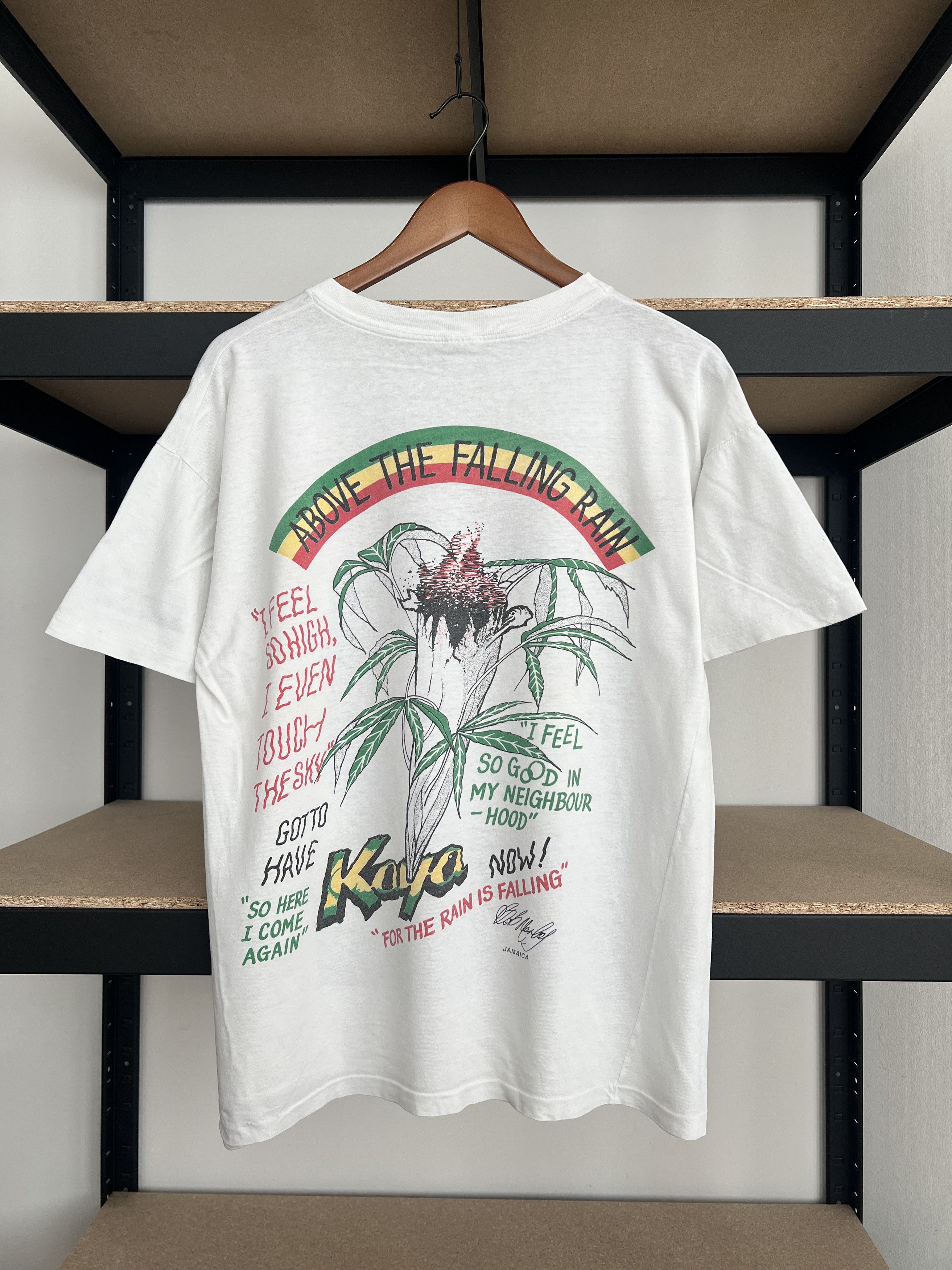 image of Band Tees x Vintage 90's Bob Marley Kaya Jamaica Zion Blunt White T-Shirt, Men's (Size Large)