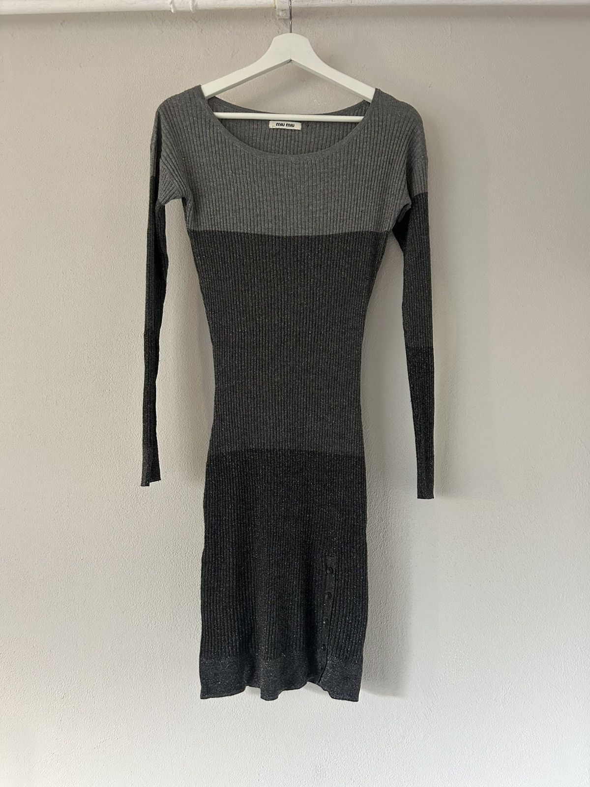 Miu Miu Grey Ribbed Stretch Knit Dress with Button Detail - stein-coach.com