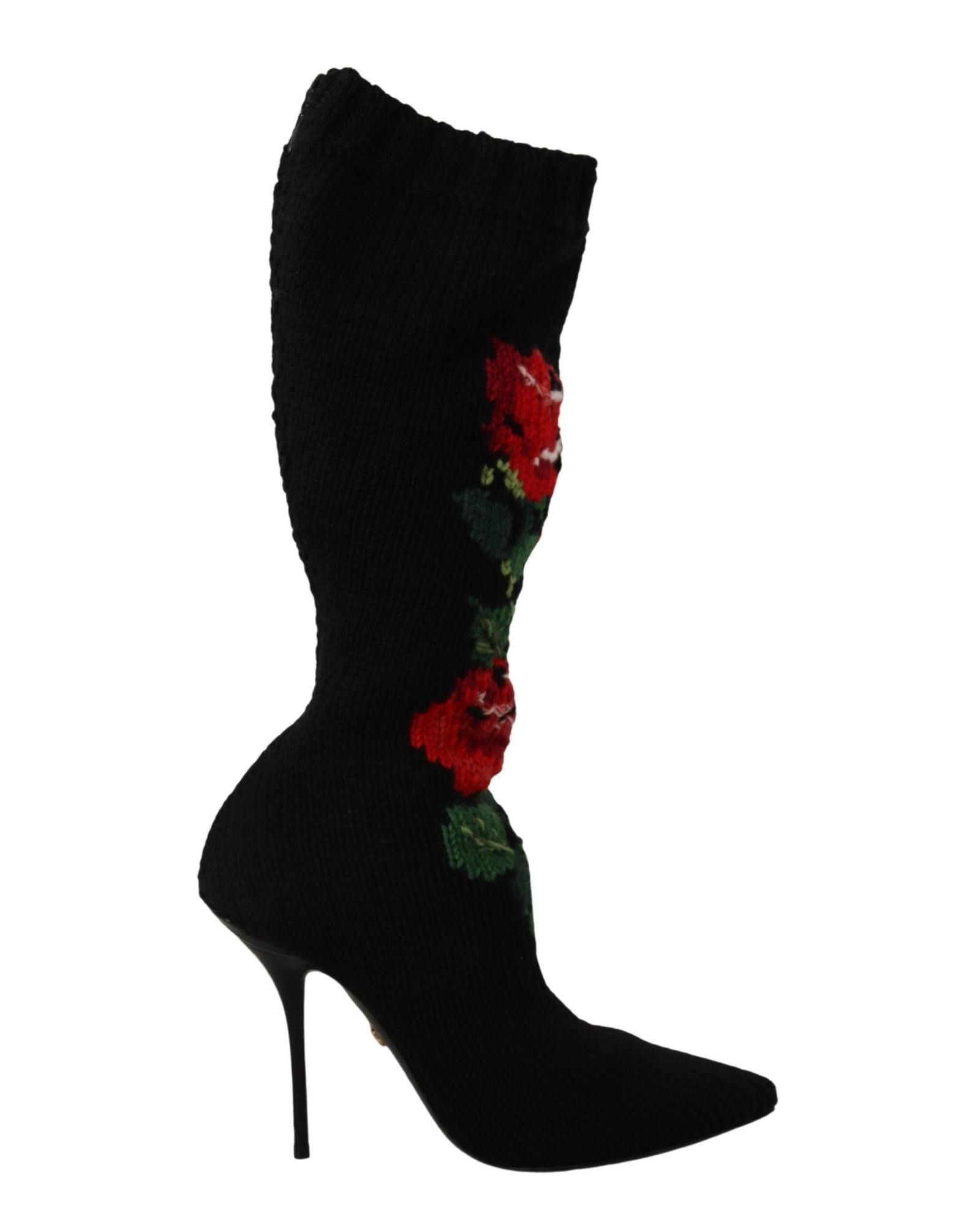 image of Dolce Gabbana Rose Pattern Stretch Sock Boots in Black, Women's (Size 9)