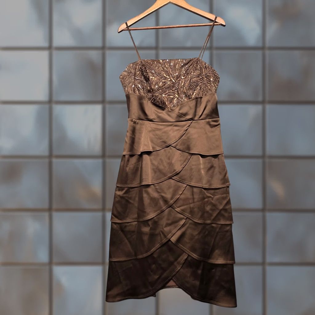 Vintage Cachet Brown Tiered Cocktail Dress Womens 14 Plus Beaded Formal Spaghetti Strap Satin Midi Dress Womens 14 Beaded Formal Spaghetti Strap Satin Size XL / US 12-14 / IT 48-50 - 1 Thumbnail