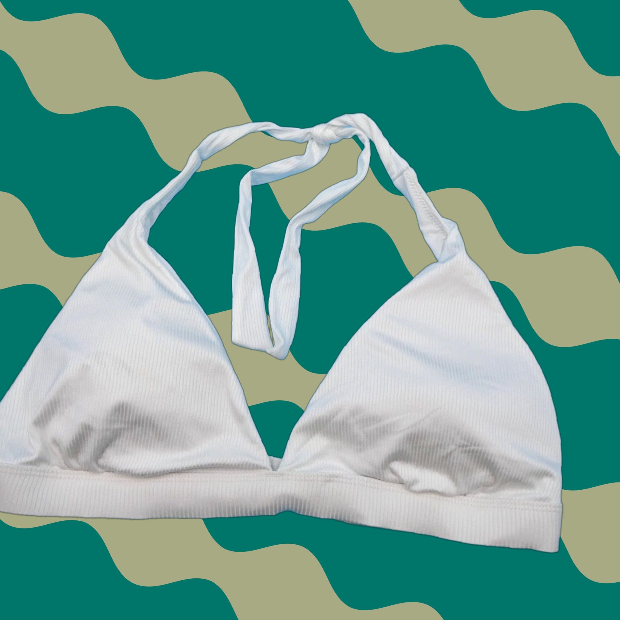Victoria's Secret XL White Ribbed Havana Triangle Push Up Halter Bikini Top Swim Shirt Womens Beach DD Cup Quick Dry Logo Strap