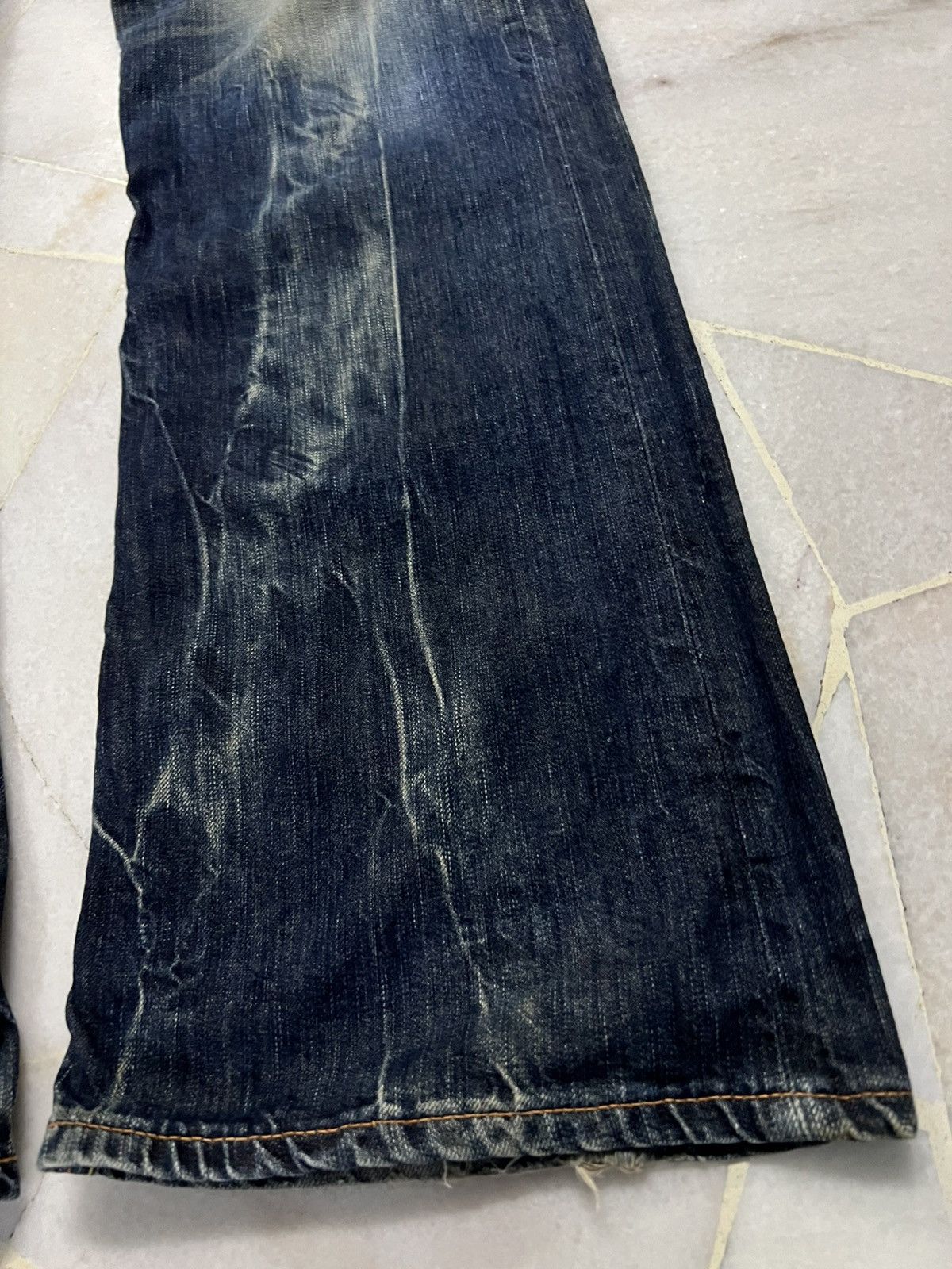 Edwin × Vintage 💥Flare💥Edwin 503 Blue Trip Distress Jean Size US 35 - 5 Thumbnail