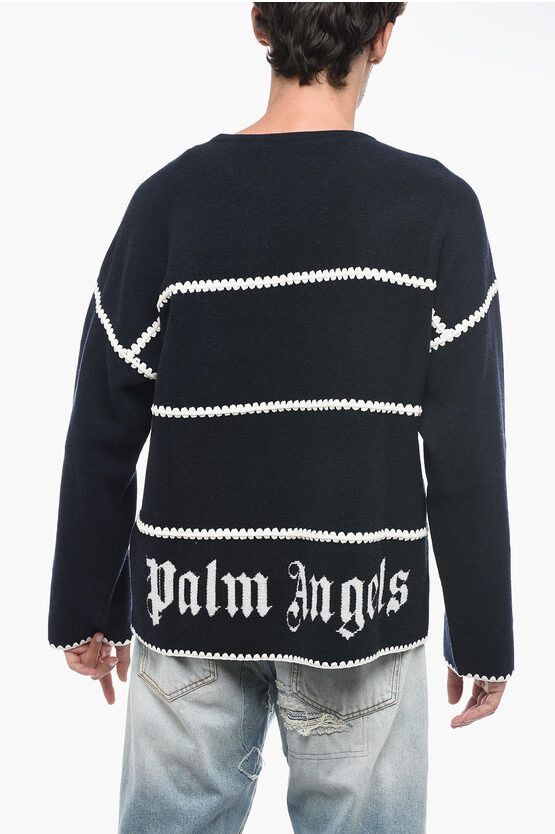 Palm Angels o1y0325 Logo Crewneck Sweater in Midnight/White Size US L / EU 52-54 / 3 - 3 Thumbnail