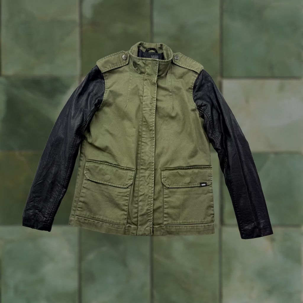 Vans Vans Jacket Womens Small Green Faux Leather Sleeves Military Full Zip Pockets Size S / US 4 / IT 40 - 1 Thumbnail