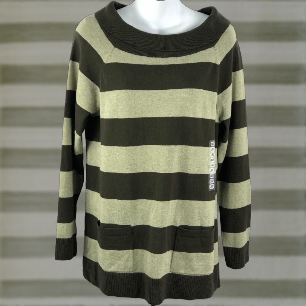Vintage Jeanne Pierre Tunic Sweater L Green Stripe Pockets Boat Neck Grunge Retro Punk Emo Size L / US 10 / IT 46 - 1 Thumbnail
