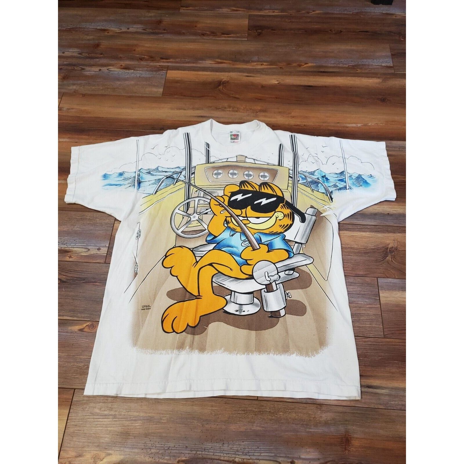image of 1996 Garfield Fishing Aop T-Shirt Size XL Repair in White, Men's