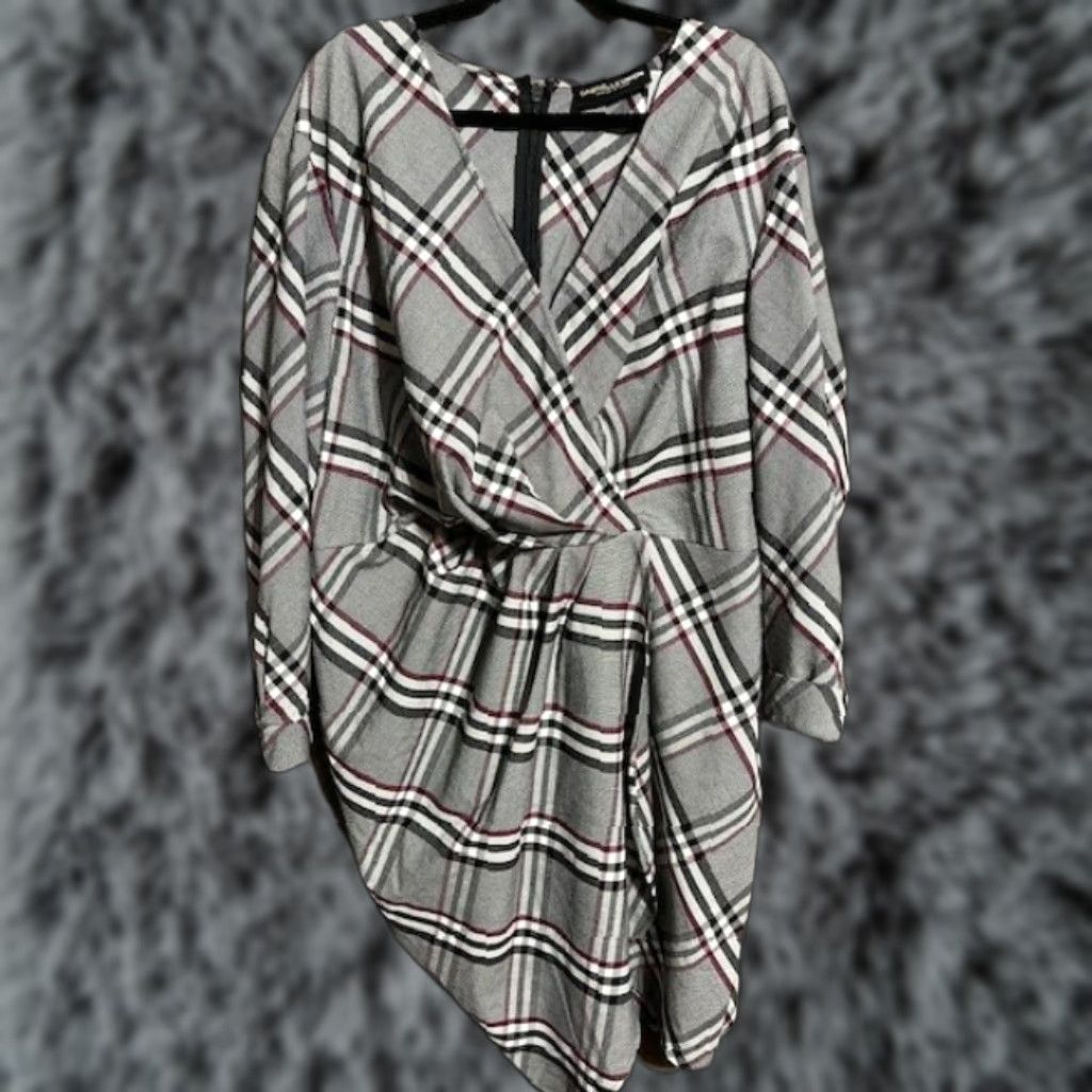 Vintage Gabrielle Union Wrap Dress Plus Size 3 Long Sleeve V-Neck Houndstooth Plaid Gray, Women, Dress, Wrap, 3, Plus, Gray Size XS / US 0-2 / IT 36-38 - 1 Thumbnail