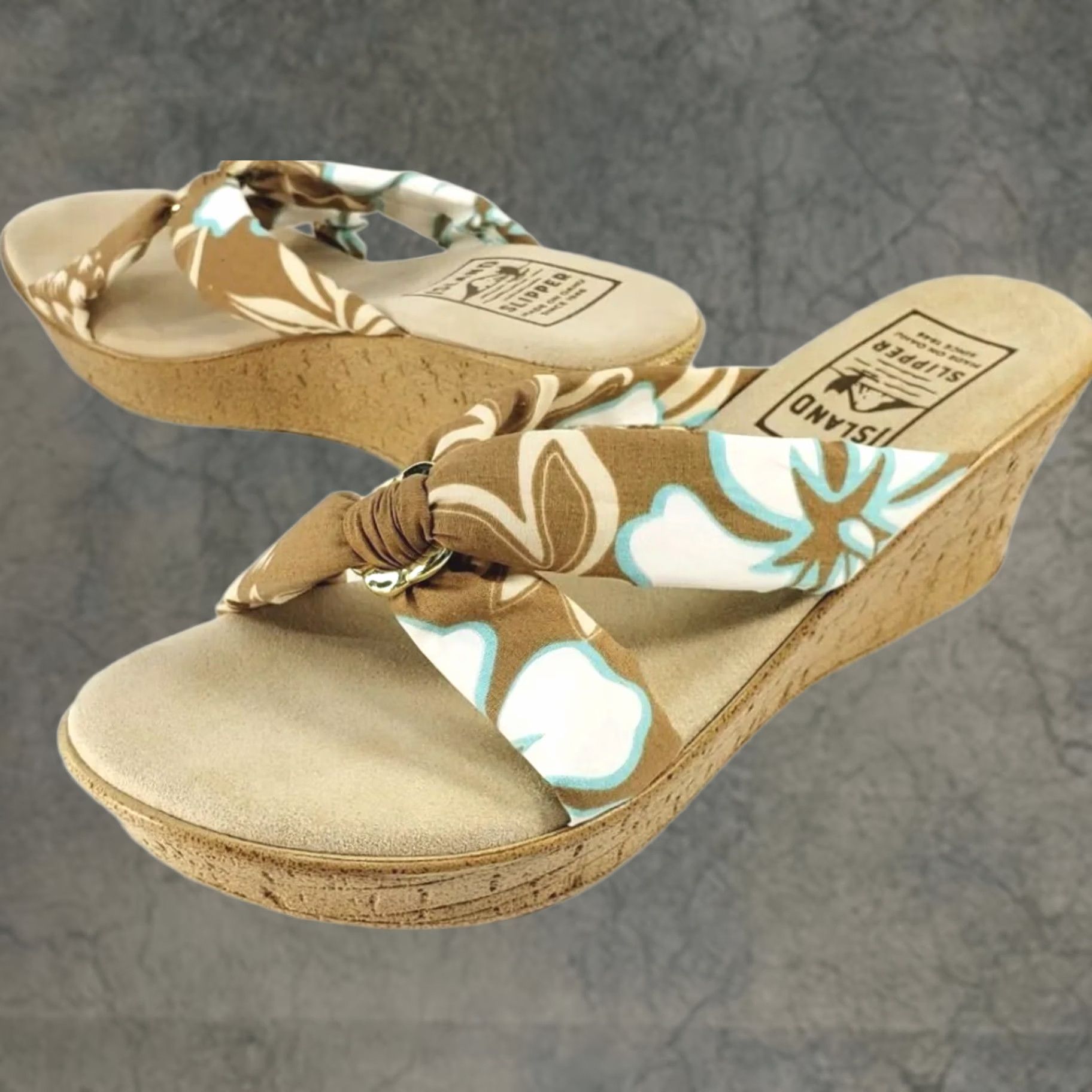 Vintage Island Slipper Women's 10 Brown Blue White Tropical Fabric Slide Wedge Sandal Size US 10 / IT 40 - 1 Thumbnail