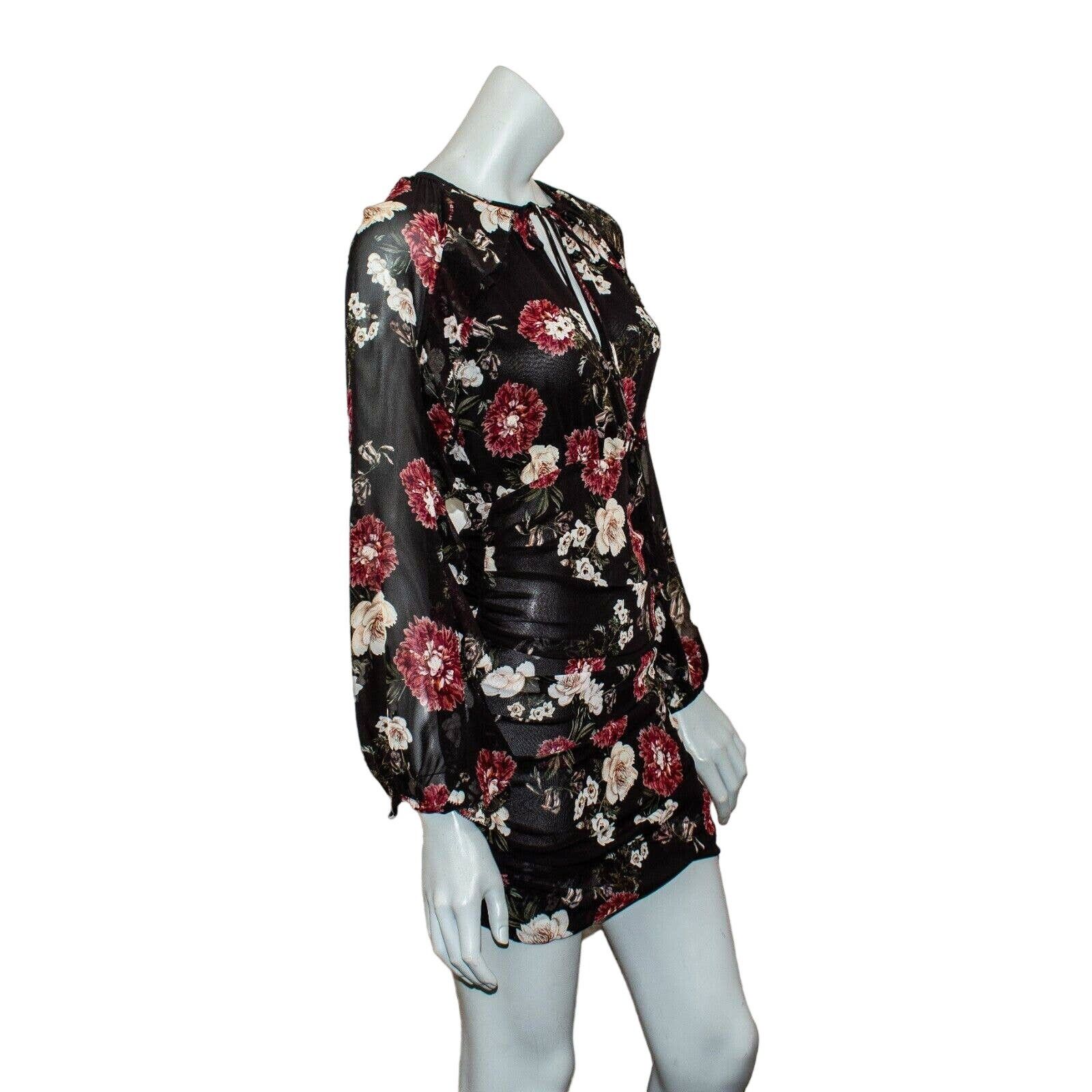 NICHOLAS NICHOLAS Black Burgundy Floral Cascade Ruched Mini Dress Size XS / US 0-2 / IT 36-38 - 5 Thumbnail