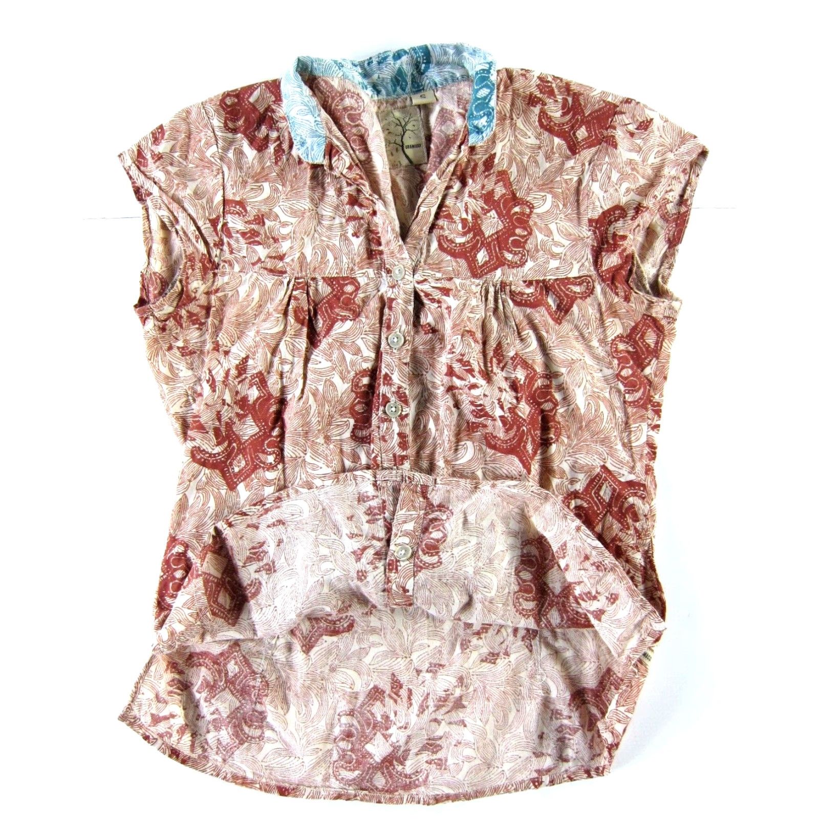 Gramicci Gramicci Blouse Cap Sleeve Button Down Collared 100% Cotton Floral Brown Blue S Womens Size S / US 4 / IT 40 - 5 Thumbnail