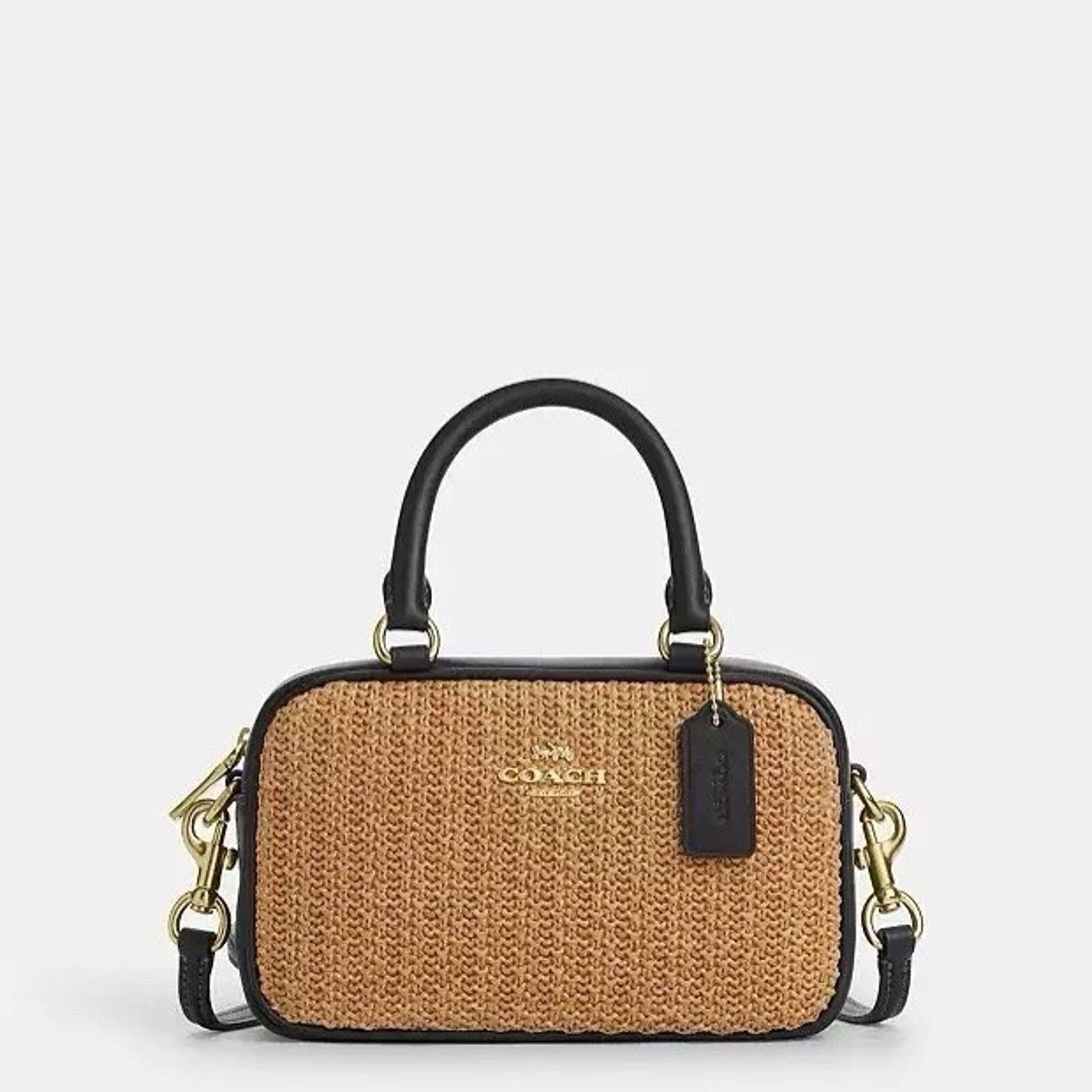 Coach NWT COACH Satchel Mini Bag CAK74 Toast/Black Straw Leather Size ONE SIZE - 5 Thumbnail