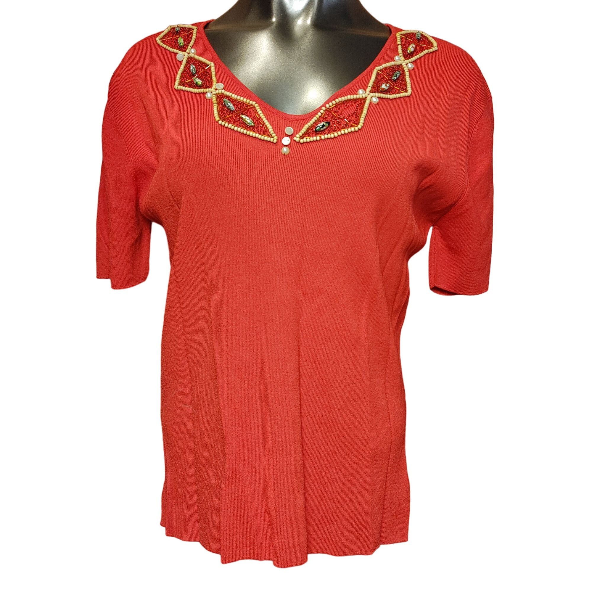 Vintage Lou Lou Women's Red Short Sleeve Knit Embroidered Neck