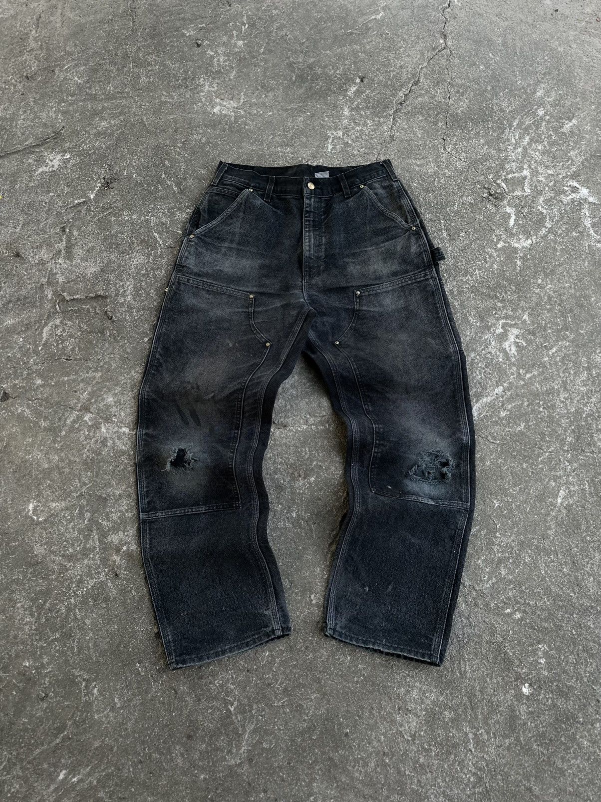 (32x32) Crazy Distressed Faded Carhartt Double Knee B01 BLK