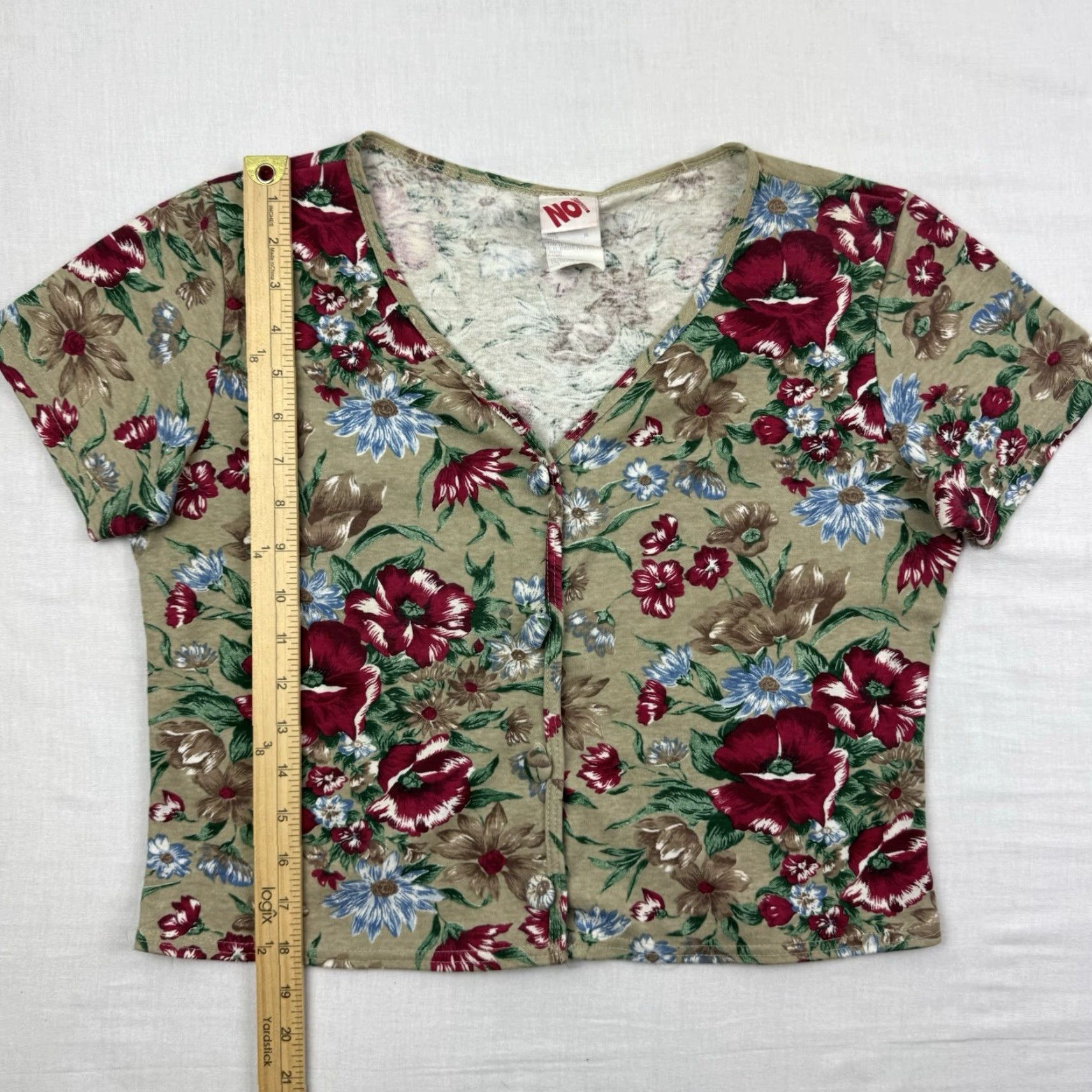 Vintage VINTAGE No Boundaries Shirt Cropped Womens M Floral Beige 90s Bohemian Flower Button-Up Blouse Size M / US 6-8 / IT 42-44 - 5 Thumbnail