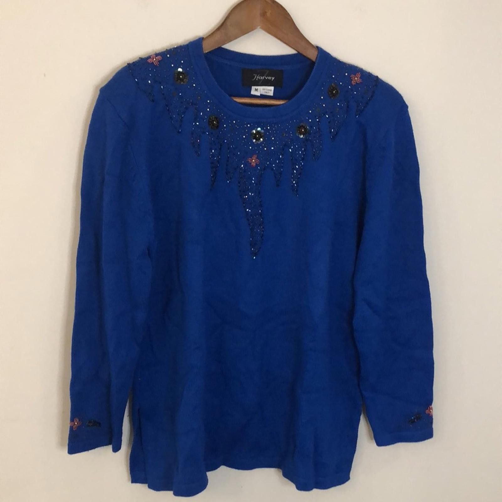 Harley Davidson Harvey vintage wool blend blue sweater sequined & beaded Med Size M / US 6-8 / IT 42-44 - 1 Thumbnail