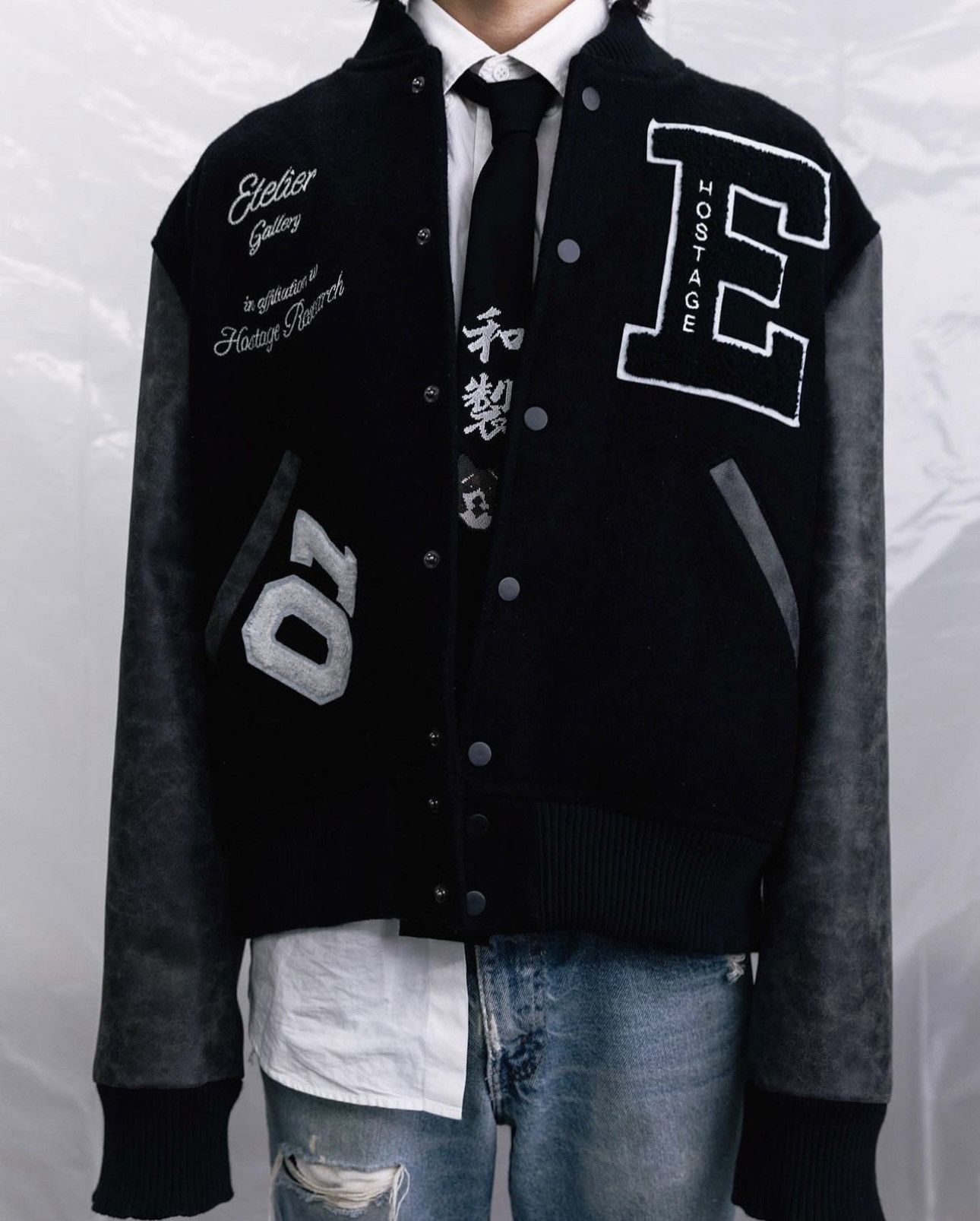 Image of Somar x Unsound Rags Final Price Etelier Gallery X Hostage Leather Varsity in Black, Men's (Size XL