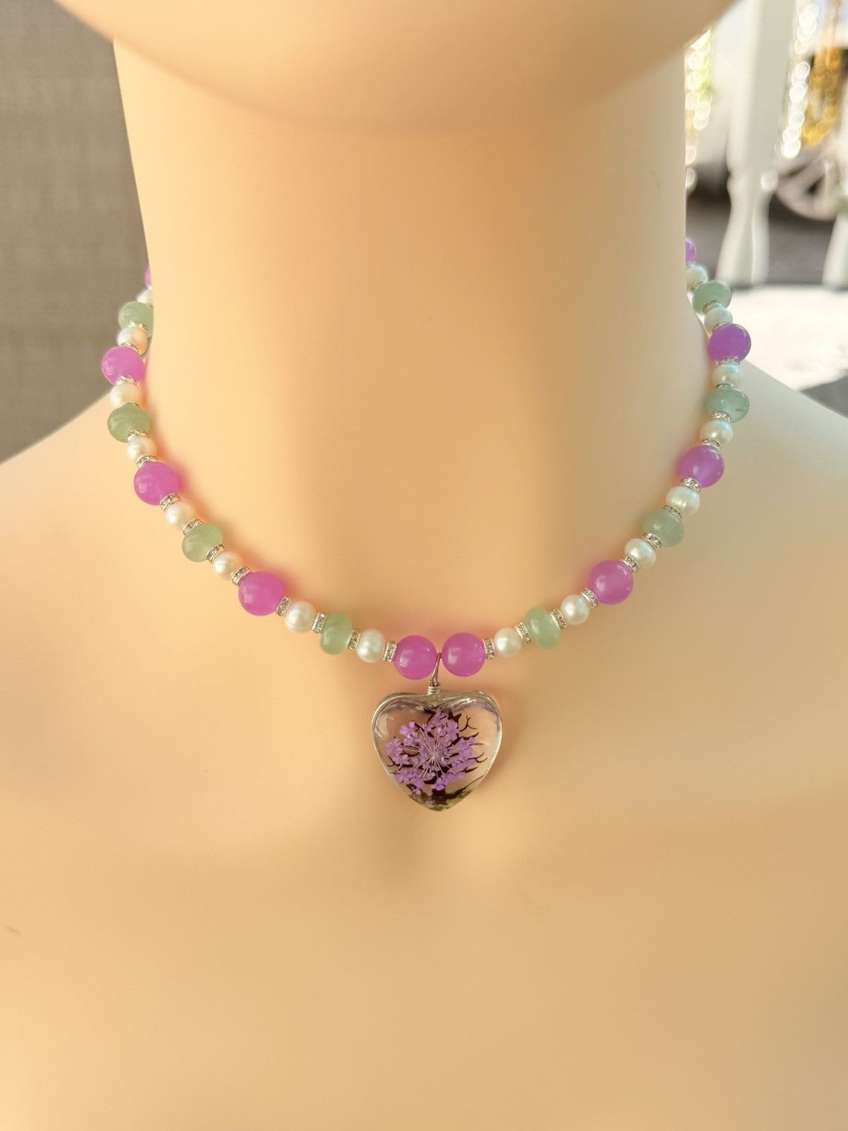 Other Pearl, Jade, Aventurine Handmade Beaded Necklace w Heart Size ONE SIZE - 4 Thumbnail