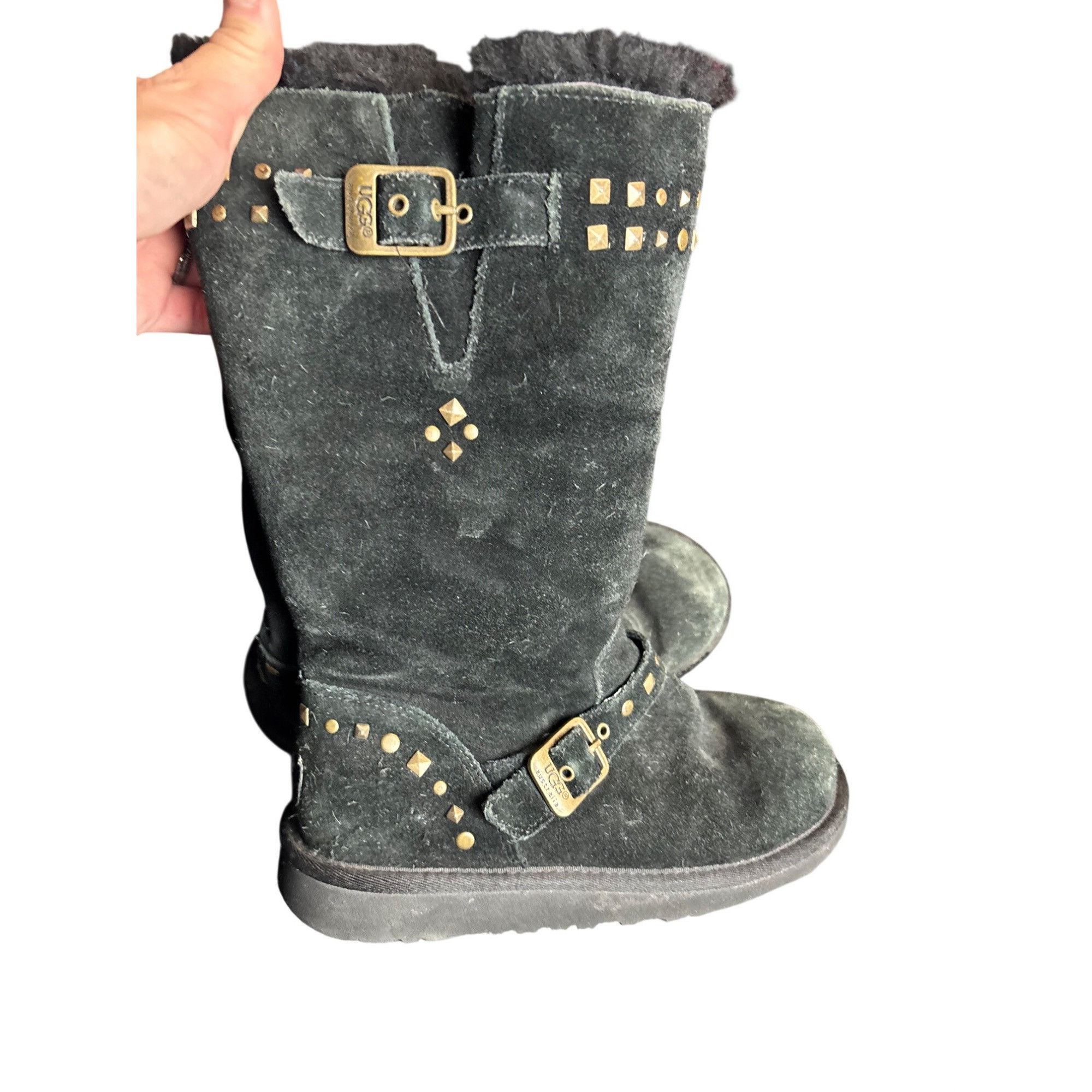 Ugg Ugg Black Suede Mid-Calf Boots With Shearling Lining & Gold Size US 4 / IT 34 - 4 Thumbnail
