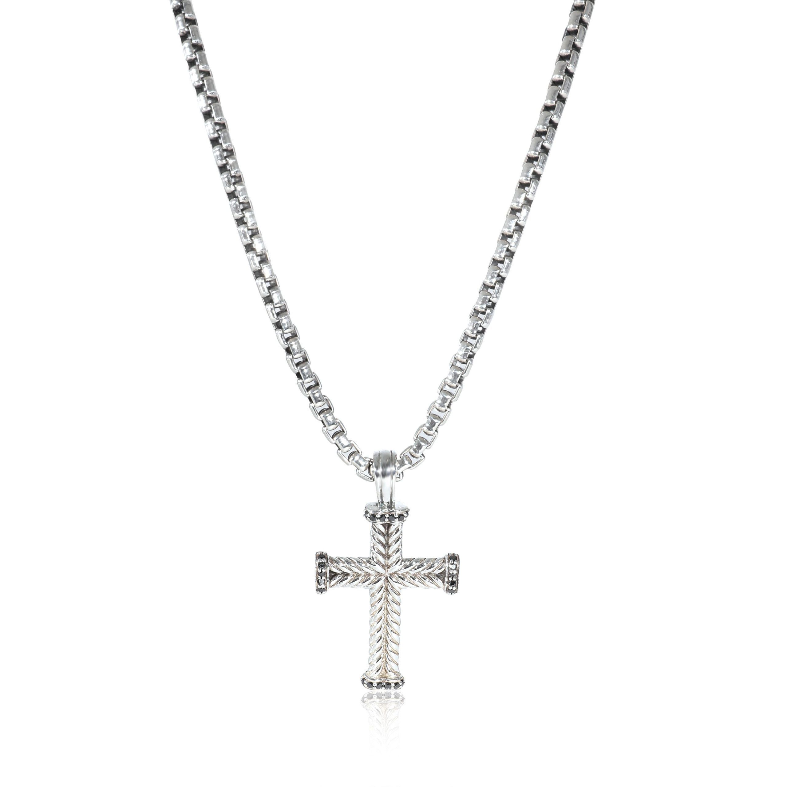 image of David Yurman Chevron Cross Pendant & Box Chain In Sterling Silver 0.17 Ctw, Women's