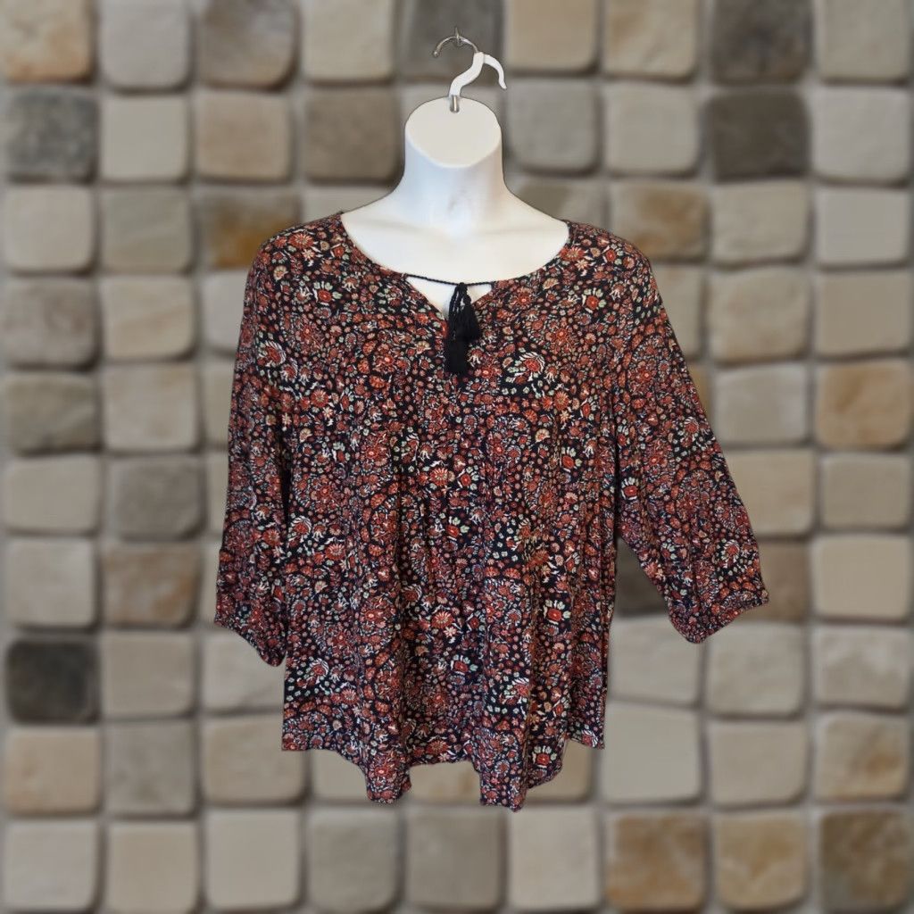 Vintage VINTAGE? No — rearranged title: Sonoma Floral Print Tassels Peasant Top 3/4 Sleeve Split Neck Boho Hippie Plus Size 2X Womens Blouse Size XXL / US 16-18 / IT 52-54 - 1 Thumbnail