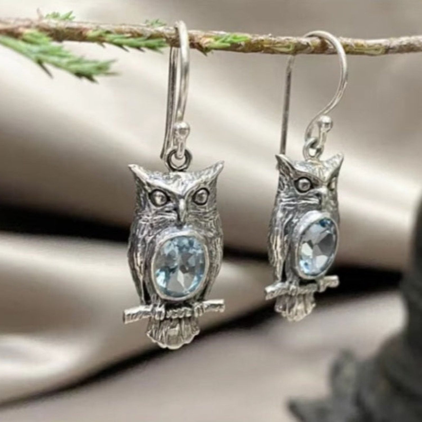 Other Owl Blue Crystal Dangle Earrings Silver Tone Jewelry Size ONE SIZE - 3 Thumbnail