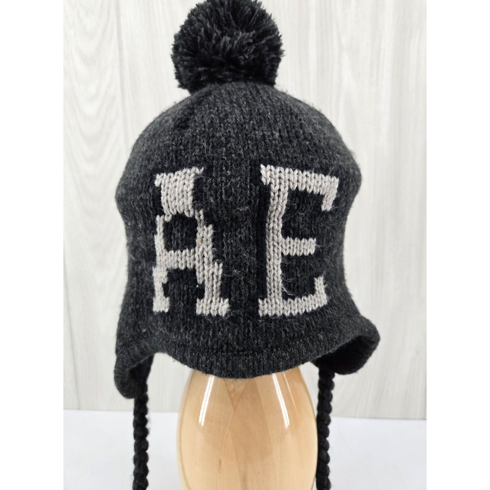 American Eagle Outfitters Y2K American Eagle AE Knit Beanie Hat Pom Pom Tassels Trapper Style Black Gray Unisex Adults One Size Beanie Winter Fall Logo Embroidered Tassled Size ONE SIZE - 2 Thumbnail