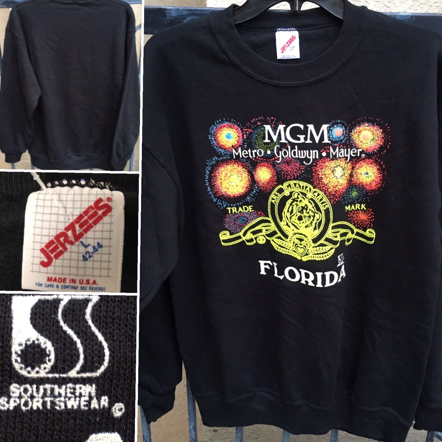 Jerzees VINTAGE MGM Metro Goldwyn Mayer Florida Sweatshirt Neon Graphics 80s 90s USA Made L Jerzees Black Sweatshirt Mens Size US L / EU 52-54 / 3 - 2 Thumbnail