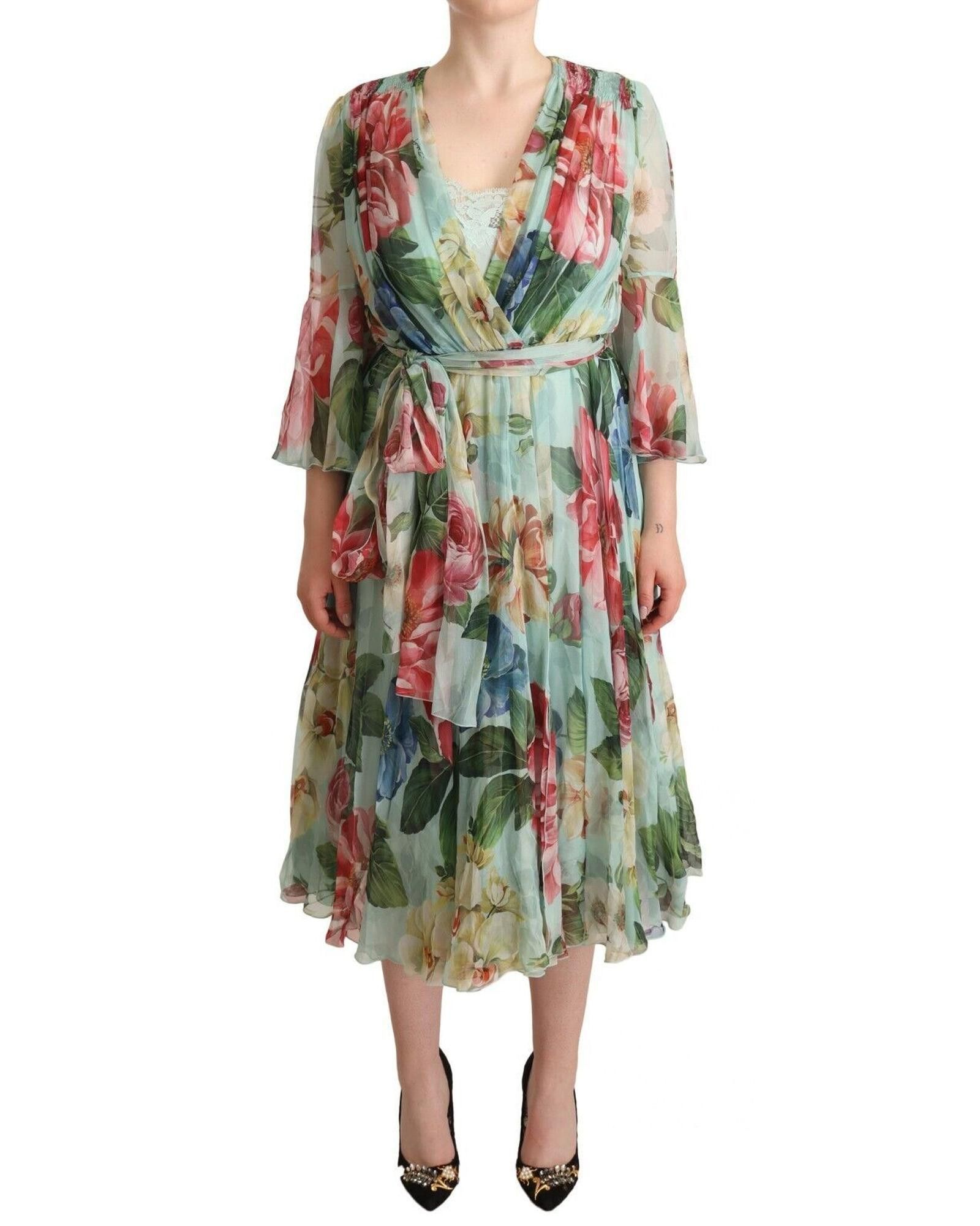 image of Dolce Gabbana Floral Print Silk Midi Dress in Green, Women's (Size Small)