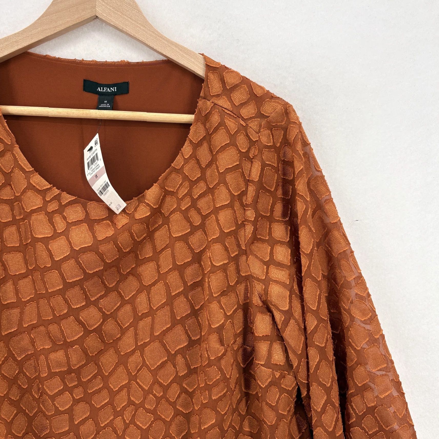Alfani Alfani Blouse Womens 1X Orange Textured Animal Jacquard Kimono Sleeve Top Plus Size XL / US 12-14 / IT 48-50 - 2 Thumbnail