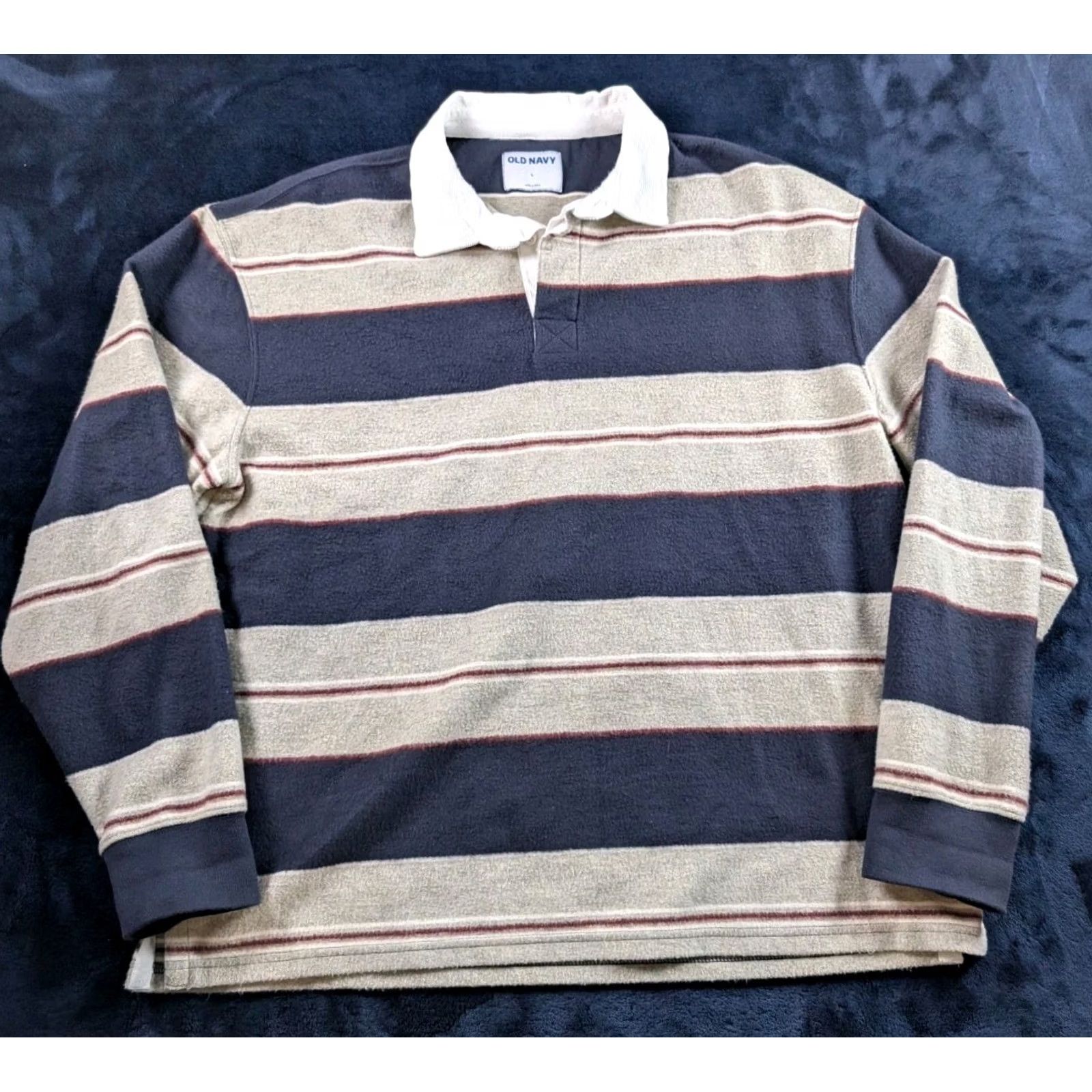 Old Navy Old Navy Polo Shirt Rugby Gray Men's L Corduroy Collar Striped Long Sleeve Polo with Buttoned Collar Cotton Blend N/A Size US L / EU 52-54 / 3 - 2 Thumbnail