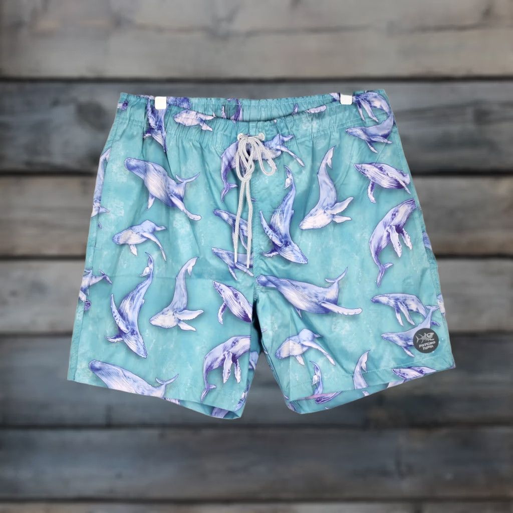 Vintage Psycho Tuna Men's 17" Swim Trunks Blue Large Stretch Whale Humpback Pattern Trunks Bottoms Swimsuit Lifeguard Recreational 100% Polyester Size US 33 - 1 Thumbnail