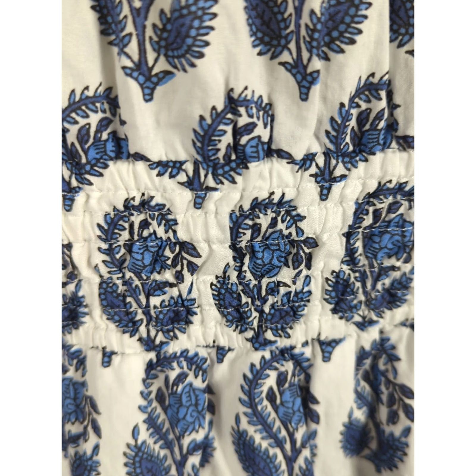J.Crew J.CREW Mini Dress in Bandana Block Print Floral Blue L Boho Cottage Floral A-Line Short Sleeve Balloon Button V-Neck Casual Women Size L / US 10 / IT 46 - 6 Thumbnail