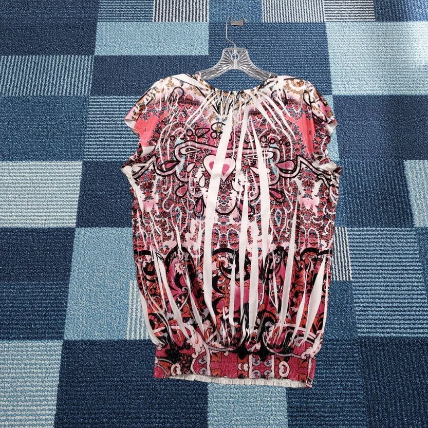 Vintage One World Blouse Shirt Womens Large Pink Paisley Embroidered Rhinestone Boho Embellished Pullover Smocked Hem Cap Sleeve V-Neck Size L / US 10 / IT 46 - 1 Thumbnail
