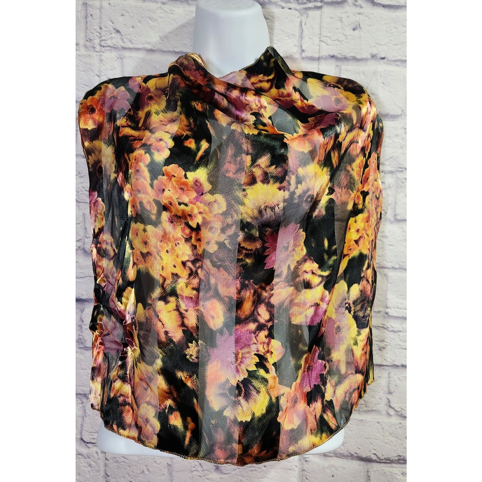 Other Black Purple Yellow Floral Print Square Scarf Sheer Soft Size ONE SIZE - 1 Thumbnail