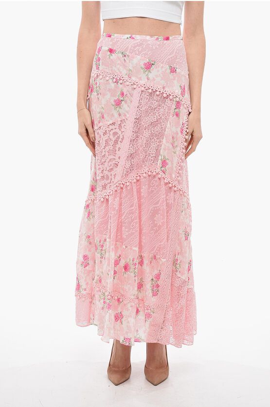 image of Loveshackfancy Silk Maxi Skirt With Lace Details in Pink, Women's (Size Small)