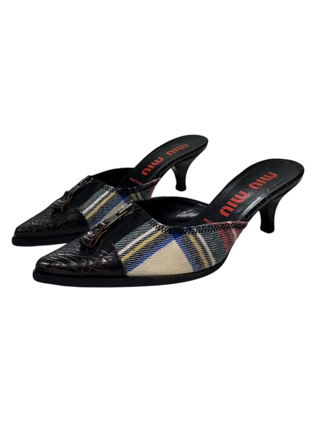 Miu Miu MIU MIU Cracked Leather Checkered Mules Size US 7 / IT 37 - 1 Thumbnail
