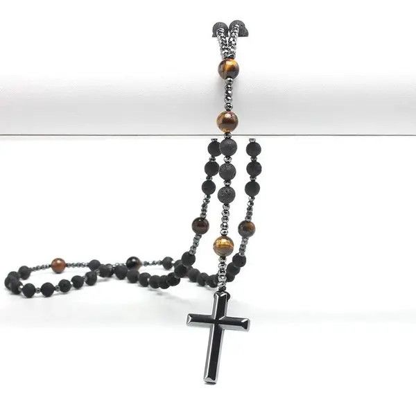 Vintage Natural Lava Stone Tiger-eye Hematite Cross Pendant Necklace Size ONE SIZE - 4 Thumbnail