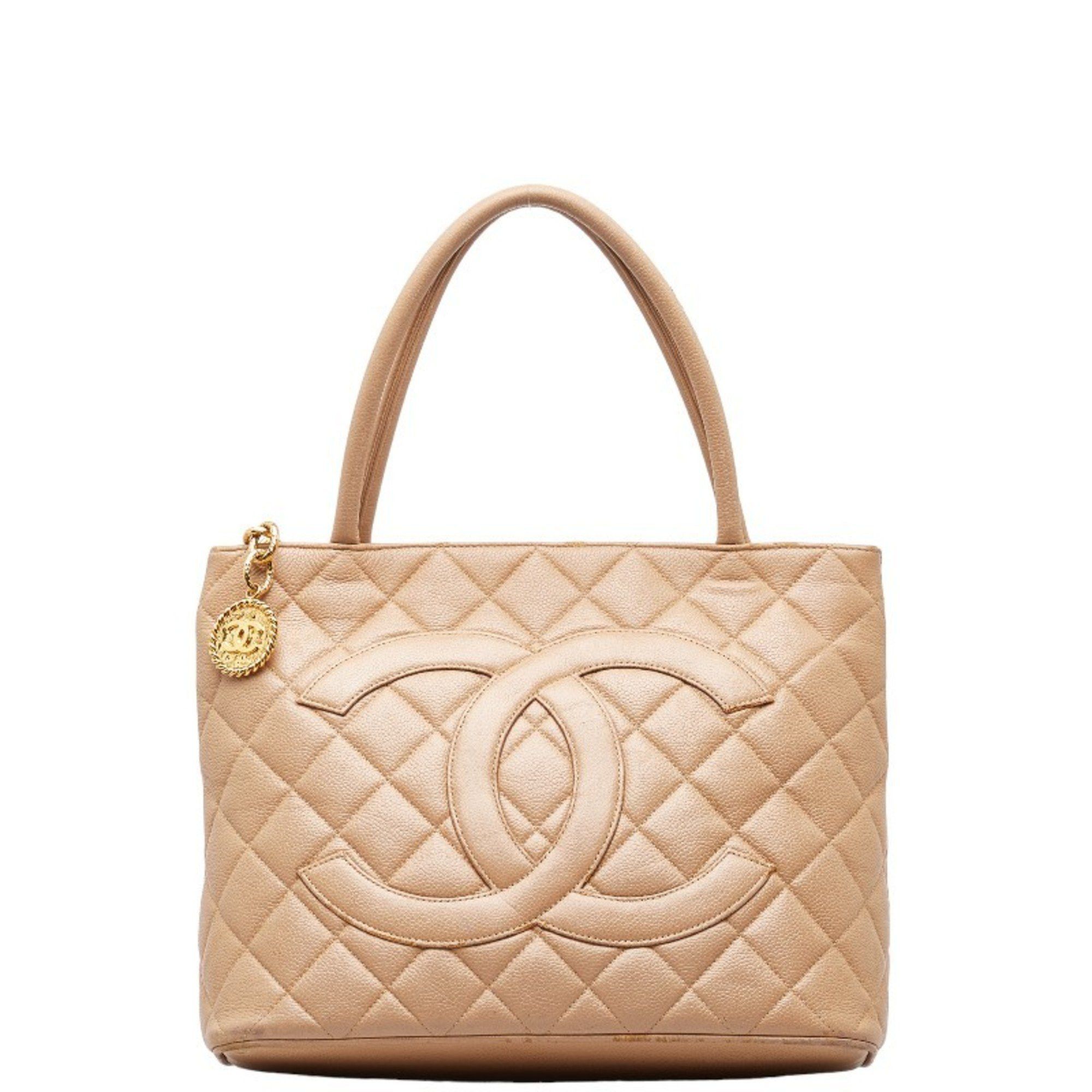 image of Chanel Matelasse Medallion Coco Mark Reprint Tote Bag Handbag Beige Gold Caviar Skin Women's Chanel