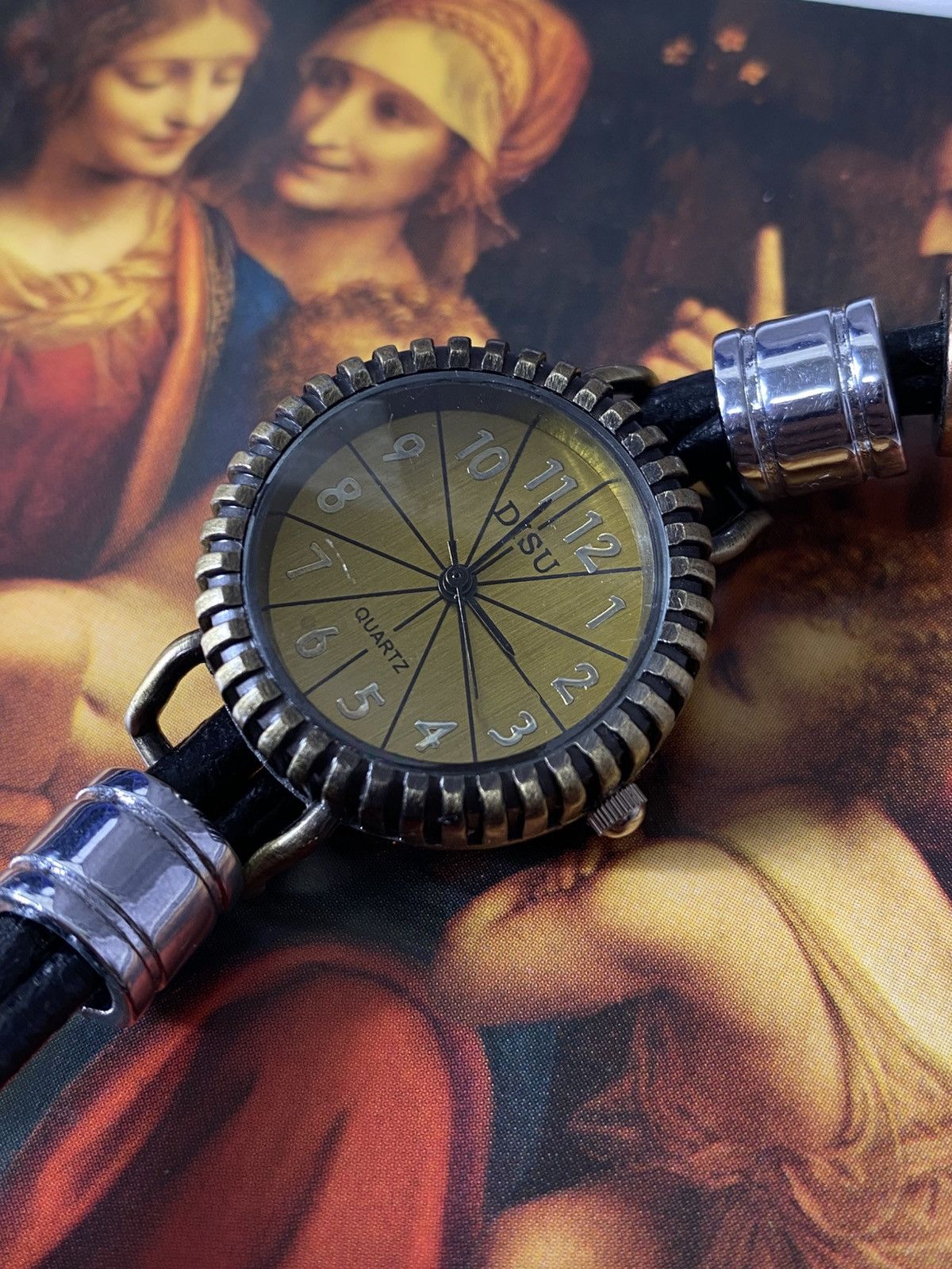 Japanese Brand Vintage DISU Bronze Tone Watch Black Leather Strap Boho Size ONE SIZE - 2 Thumbnail