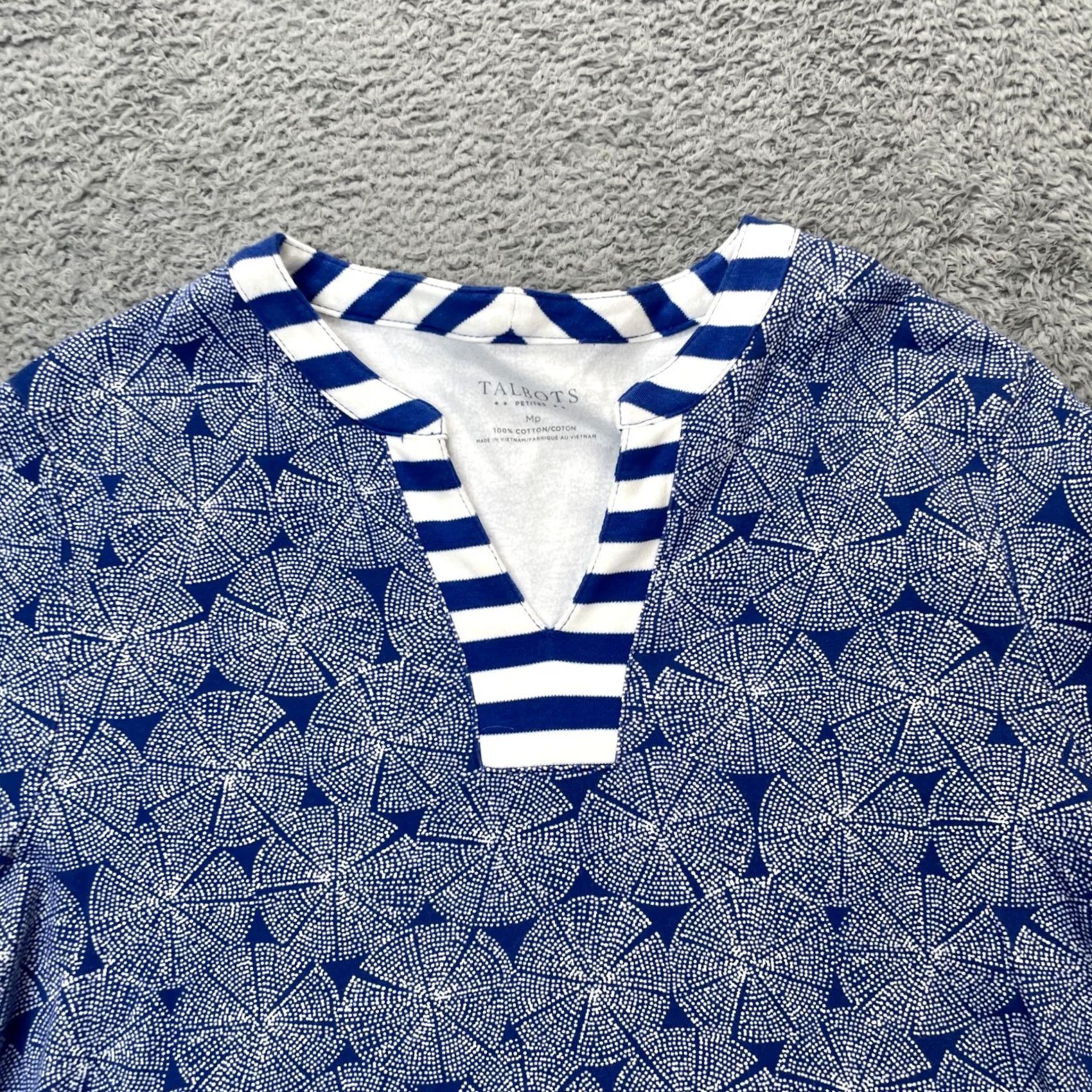 Talbots Talbots Blouse Womens Medium Petite Blue Geometric Print Cotton V-Neck 3/4 Sleeve Boho Shirt Size M / US 6-8 / IT 42-44 - 3 Thumbnail