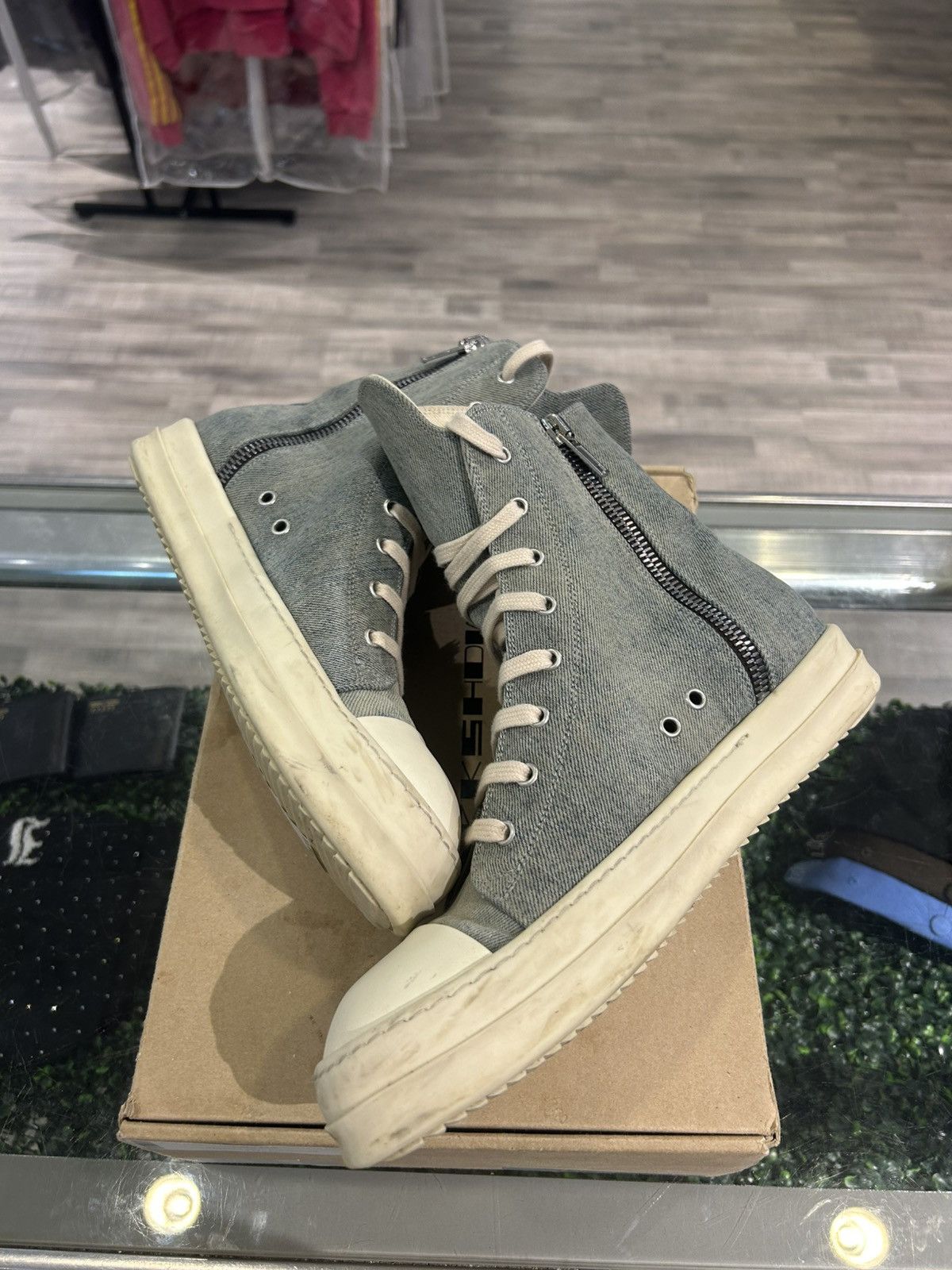 Rick Owens DRKSHDW Distressed Denim High-Top Sneakers